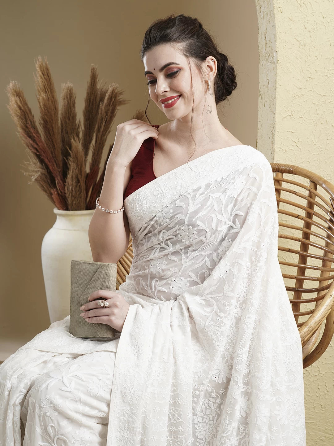 Ada Hand Embroidered Off White Pure Georgette Lucknowi Chikankari Saree With Blouse 01A398479