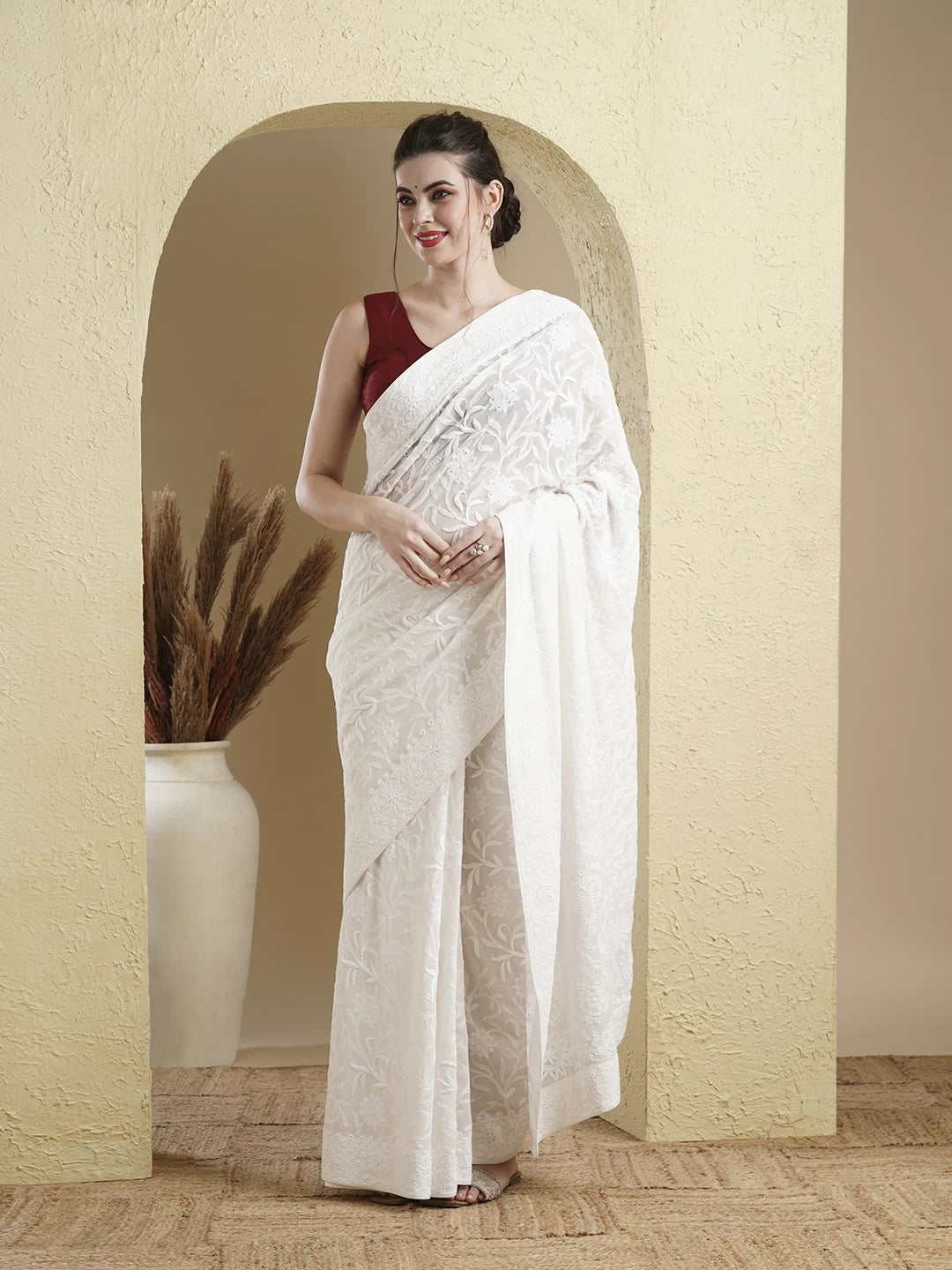 Ada Hand Embroidered Off White Pure Georgette Lucknowi Chikankari Saree With Blouse 01A398479