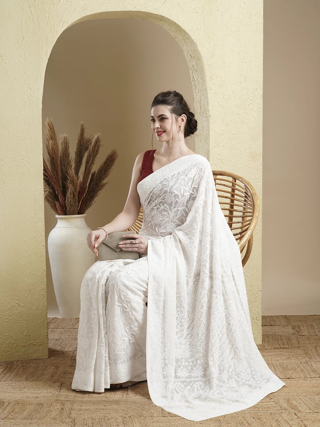 Ada Hand Embroidered Off White Pure Georgette Lucknowi Chikankari Saree With Blouse 01A398479