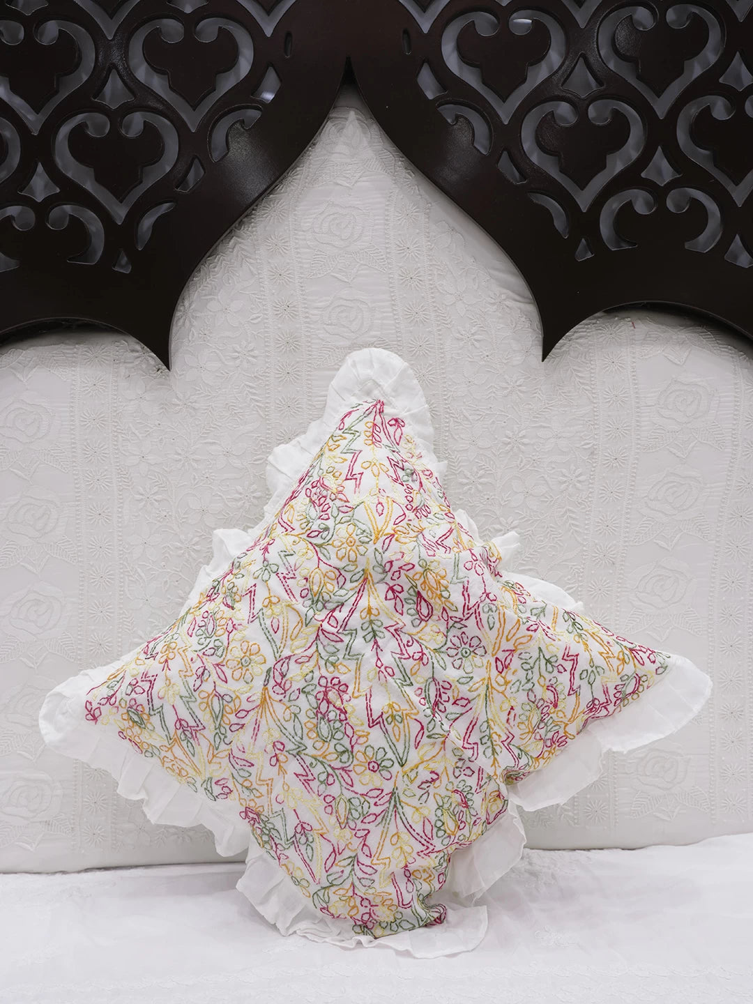 Ada Hand Embroidered White Cotton Lucknowi Chikankari Cushion Cover 01A505579
