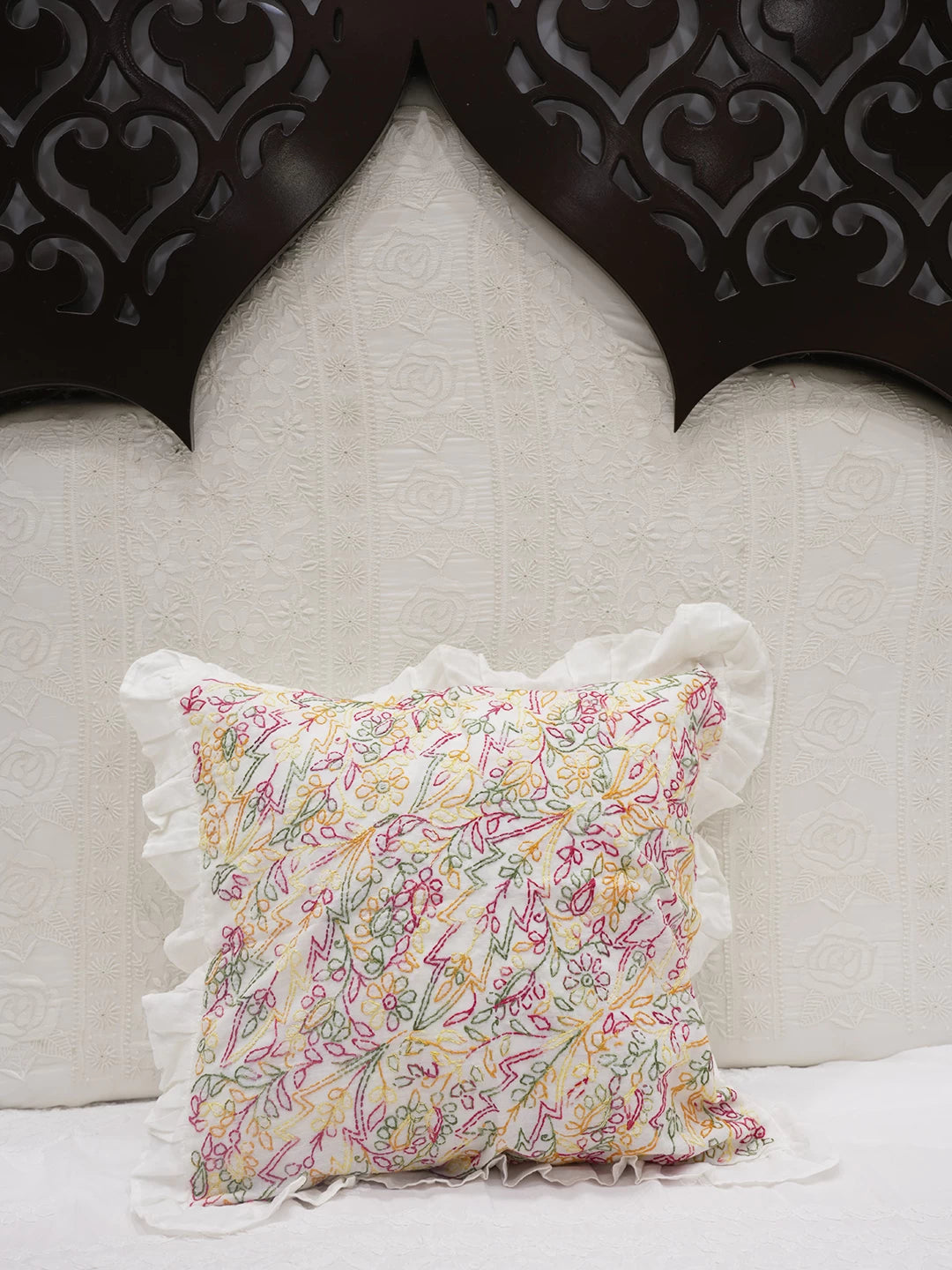 Ada Hand Embroidered White Cotton Lucknowi Chikankari Cushion Cover 01A505579