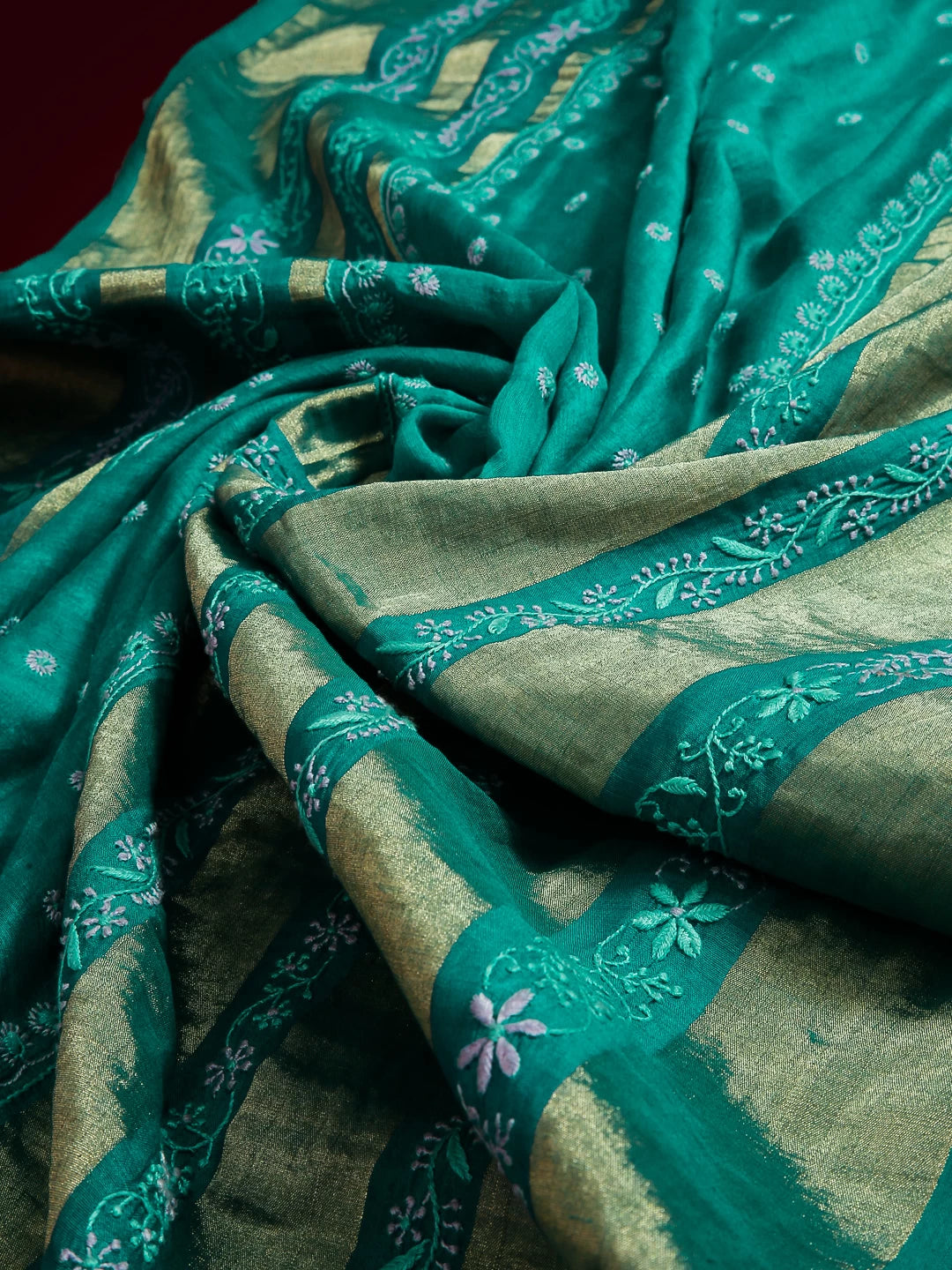 Ada Hand Embroidered Green Chanderi Silk Lucknowi Chikankari Dupatta A244137
