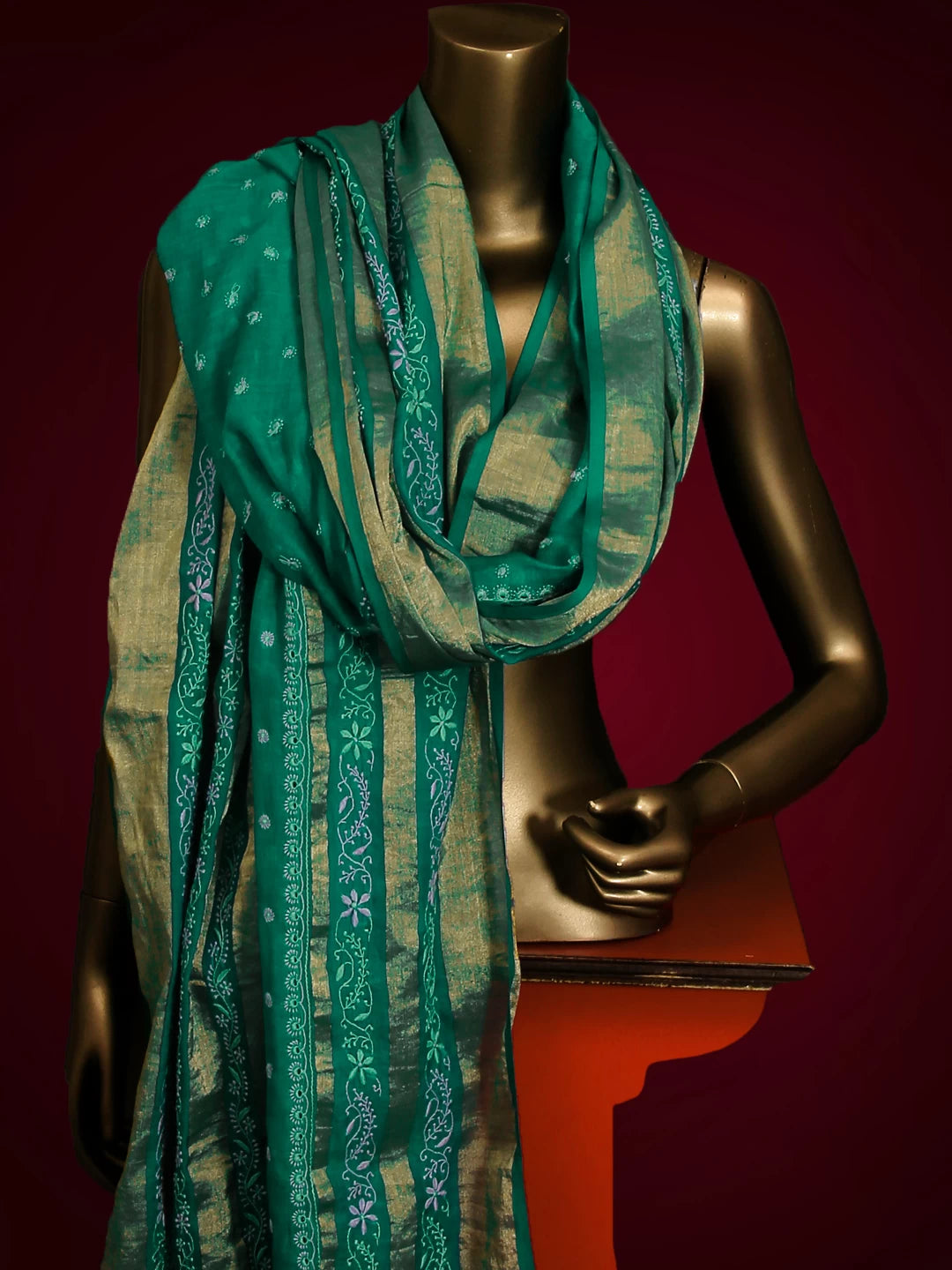 Ada Hand Embroidered Green Chanderi Silk Lucknowi Chikankari Dupatta A244137