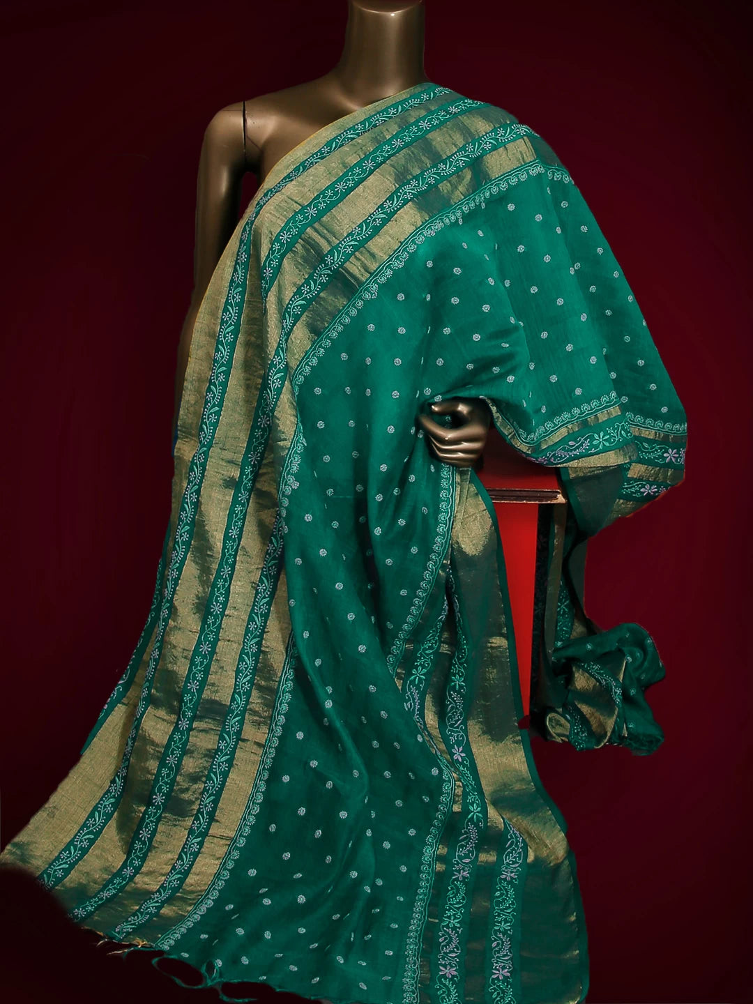 Ada Hand Embroidered Green Chanderi Silk Lucknowi Chikankari Dupatta A244137