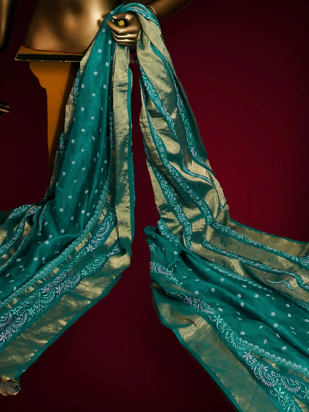 Ada Hand Embroidered Green Chanderi Silk Lucknowi Chikankari Dupatta A244137