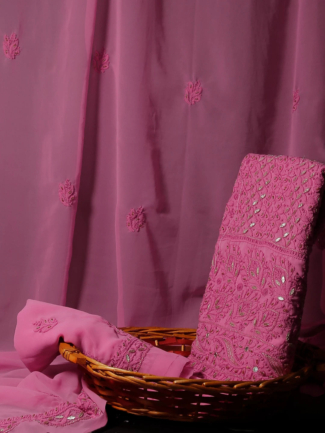 Ada Hand Embroidered Pink Georgette Lucknowi Chikankari Unstitched Suit Piece With Gotapatti Work 01A391230