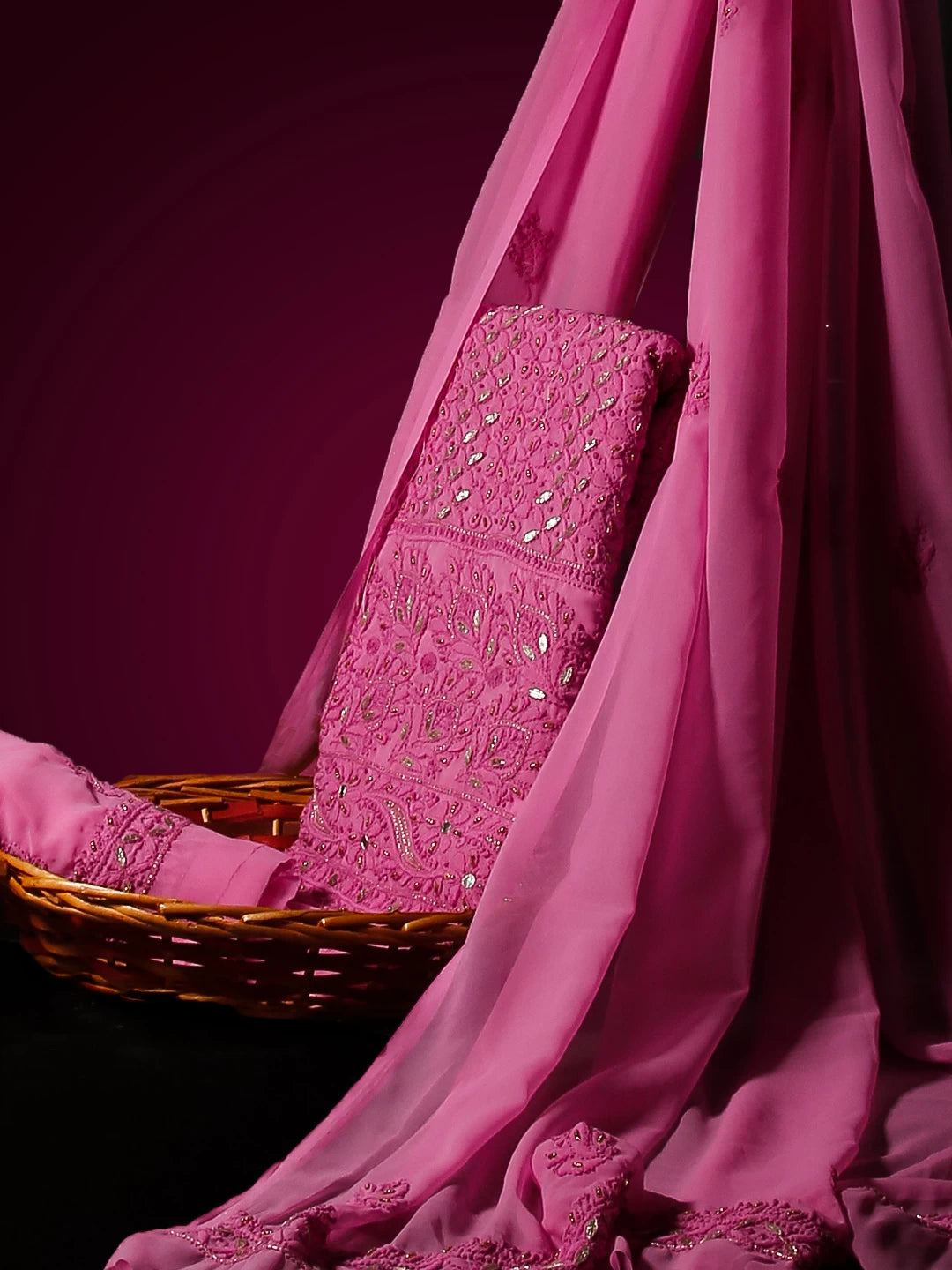 Ada Hand Embroidered Pink Georgette Lucknowi Chikankari Unstitched Suit Piece With Gotapatti Work 01A391230