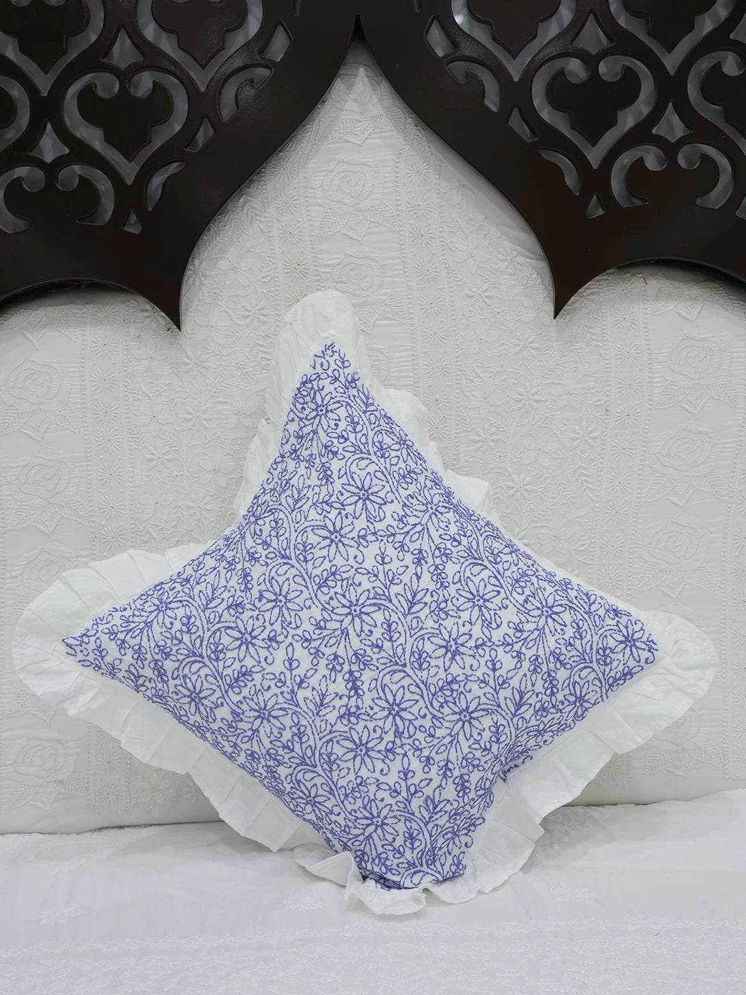 Ada Hand Embroidered White Cotton Lucknowi Chikankari Cushion Cover 01A505578