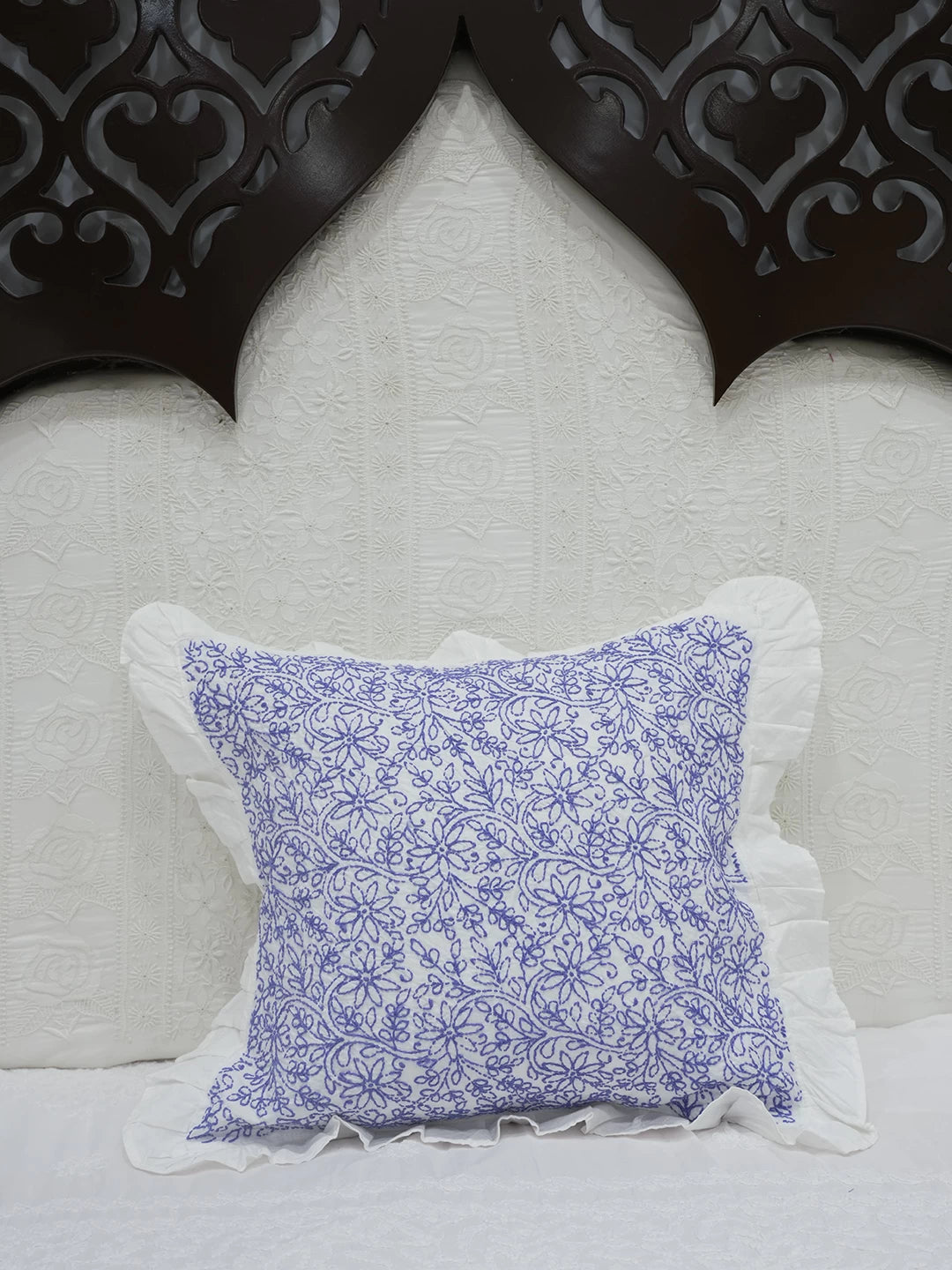 Ada Hand Embroidered White Cotton Lucknowi Chikankari Cushion Cover 01A505578