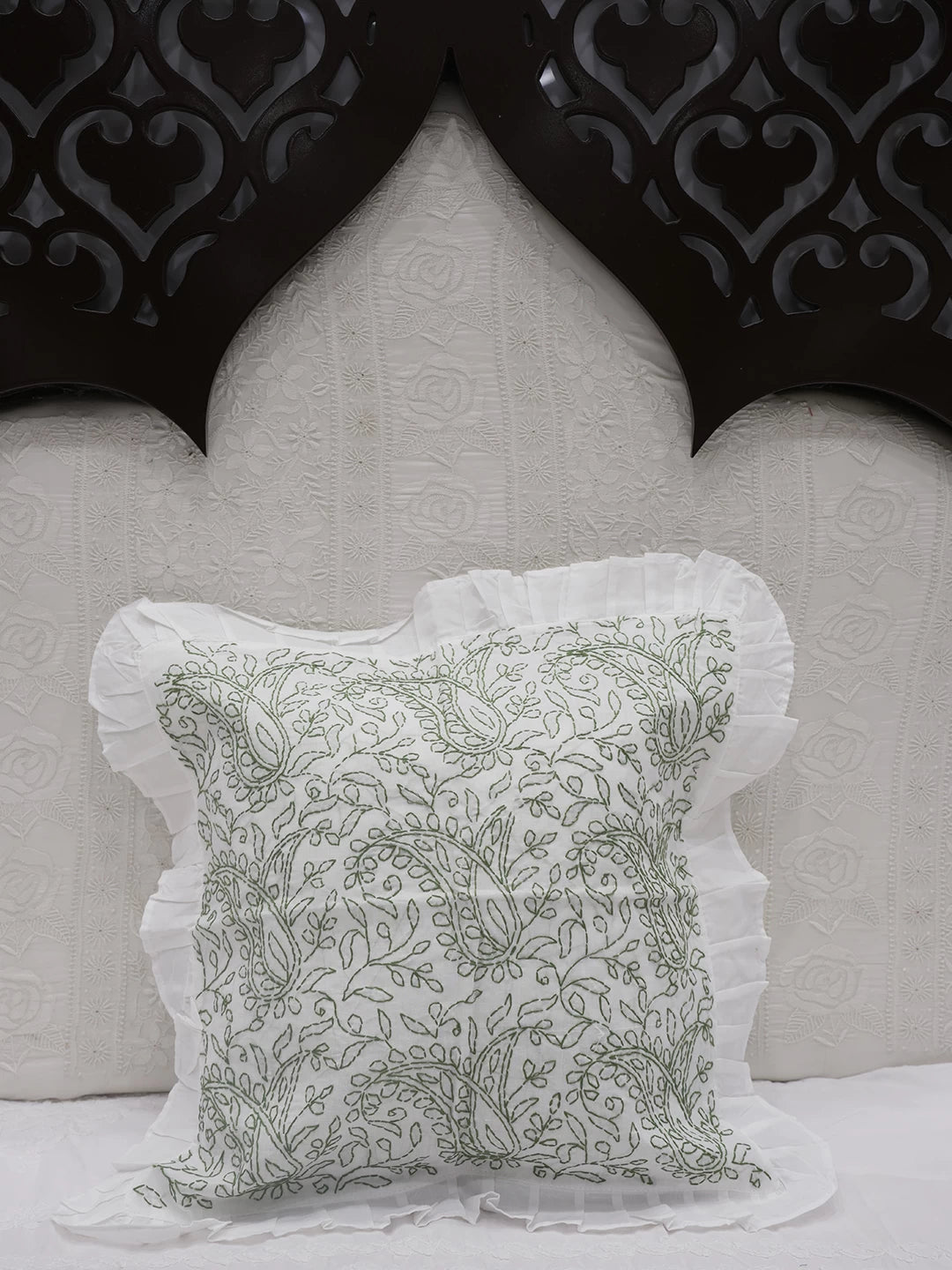Ada Hand Embroidered White And Green Cotton Lucknowi Chikankari Cushion Cover 01A505551
