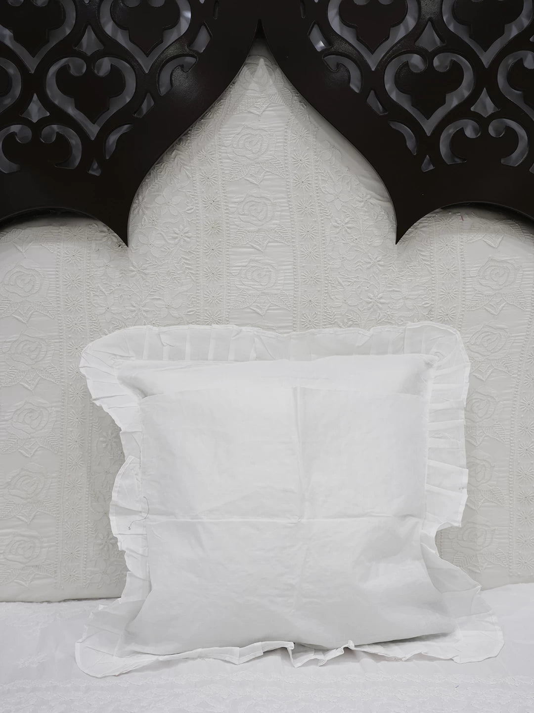 Ada Hand Embroidered White And Green Cotton Lucknowi Chikankari Cushion Cover 01A505551