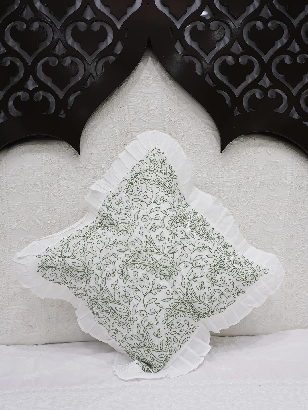Ada Hand Embroidered White And Green Cotton Lucknowi Chikankari Cushion Cover 01A505551