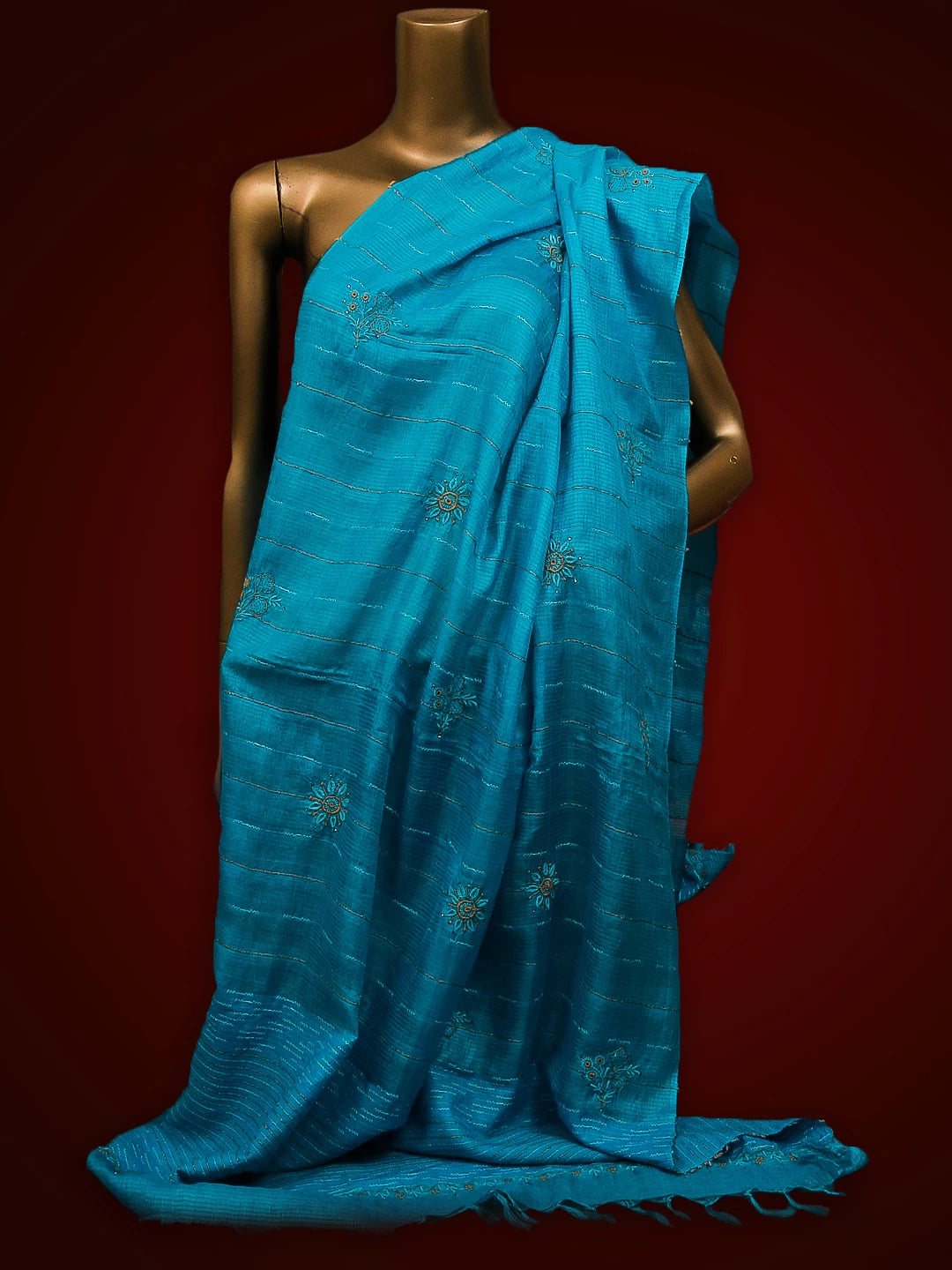 Ada Hand Embroidered Firozi Blue Tussar Silk Lucknowi Chikankari Dupatta With Mukaish Work 01A256204
