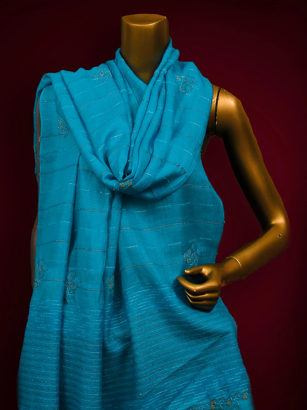 Ada Hand Embroidered Firozi Blue Tussar Silk Lucknowi Chikankari Dupatta With Mukaish Work 01A256204