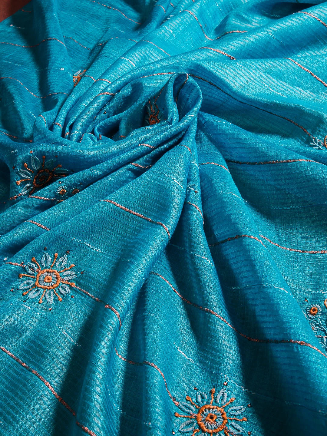 Ada Hand Embroidered Firozi Blue Tussar Silk Lucknowi Chikankari Dupatta With Mukaish Work 01A256204