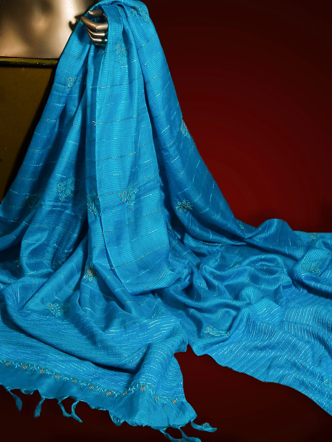 Ada Hand Embroidered Firozi Blue Tussar Silk Lucknowi Chikankari Dupatta With Mukaish Work 01A256204