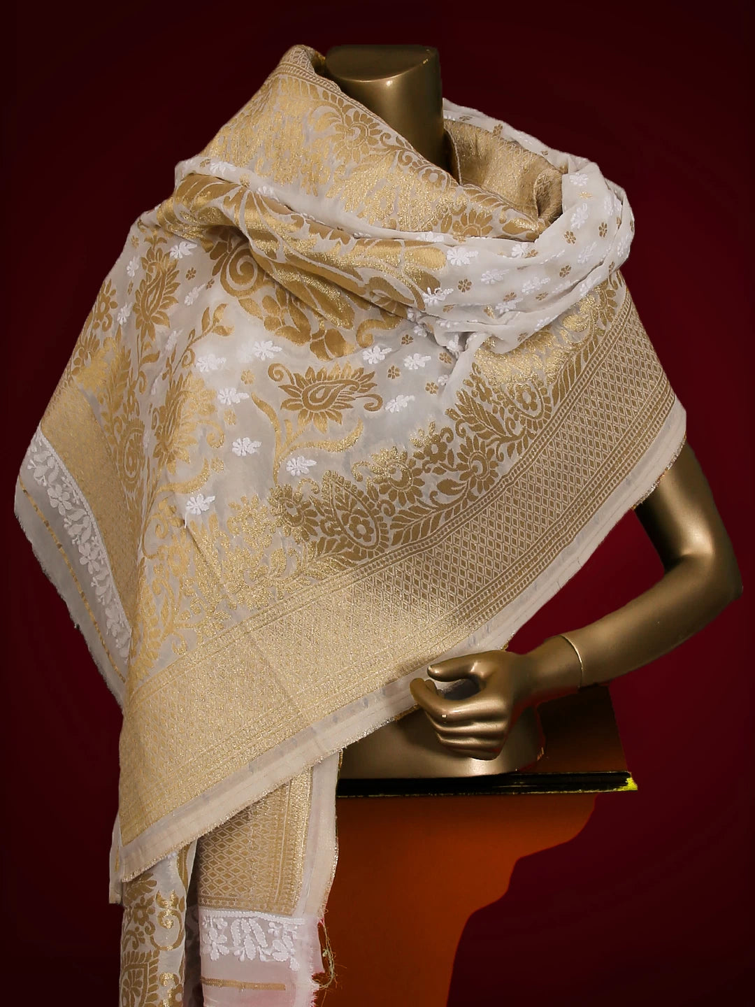 Ada Hand Embroidered White Viscose Georgette Lucknowi Chikankari Dupatta 01A510657
