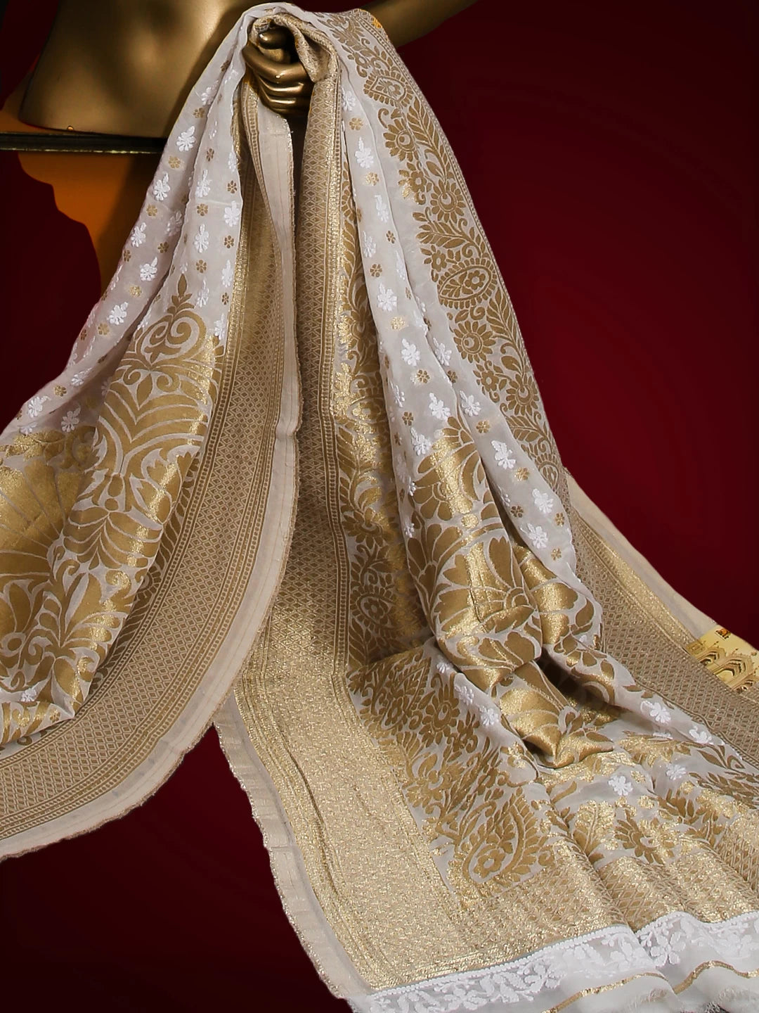 Ada Hand Embroidered White Viscose Georgette Lucknowi Chikankari Dupatta 01A510657