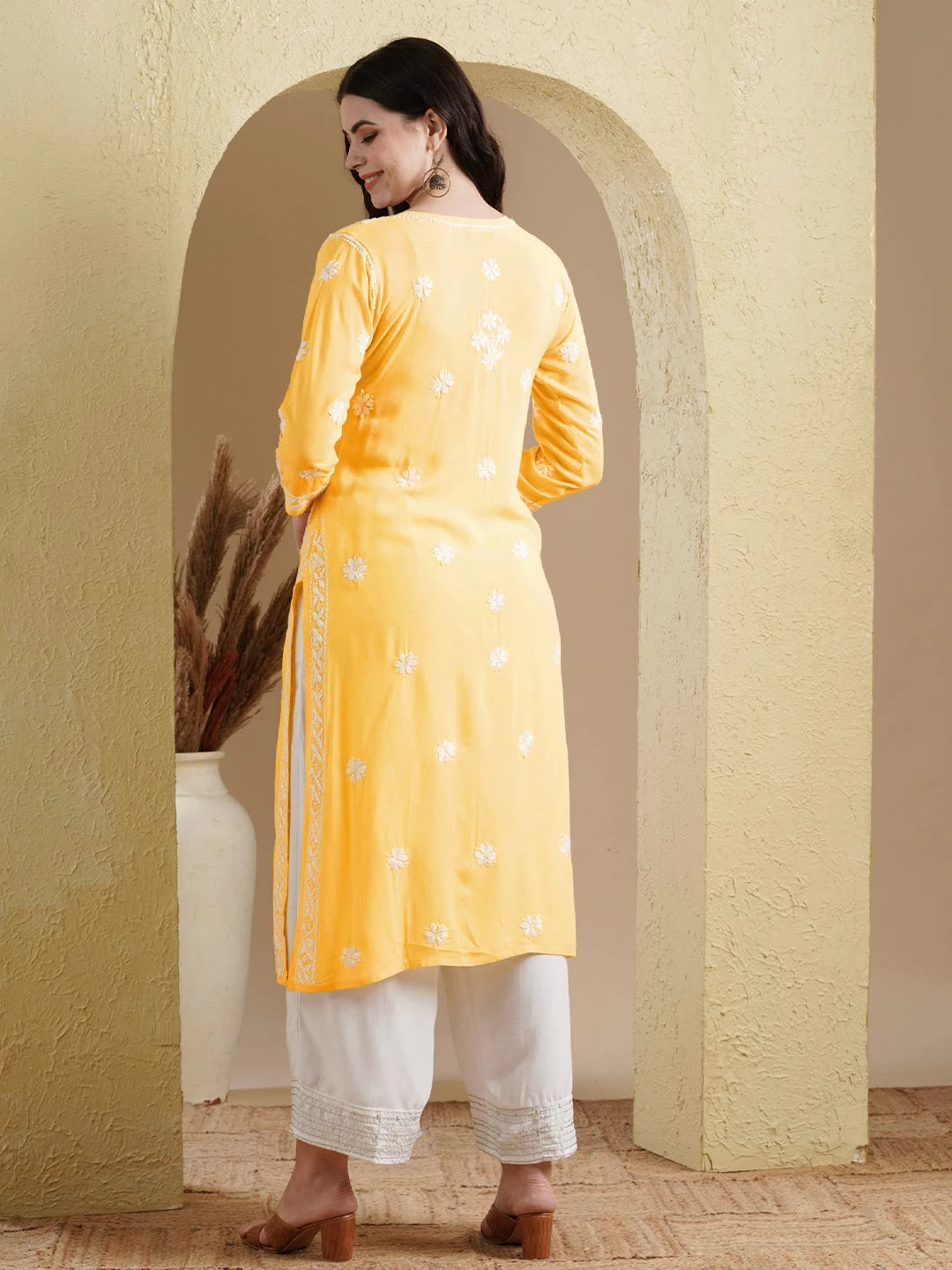 Ada Hand Embroidered Yellow Modal Lucknowi Chikankari Straight Kurta A411534