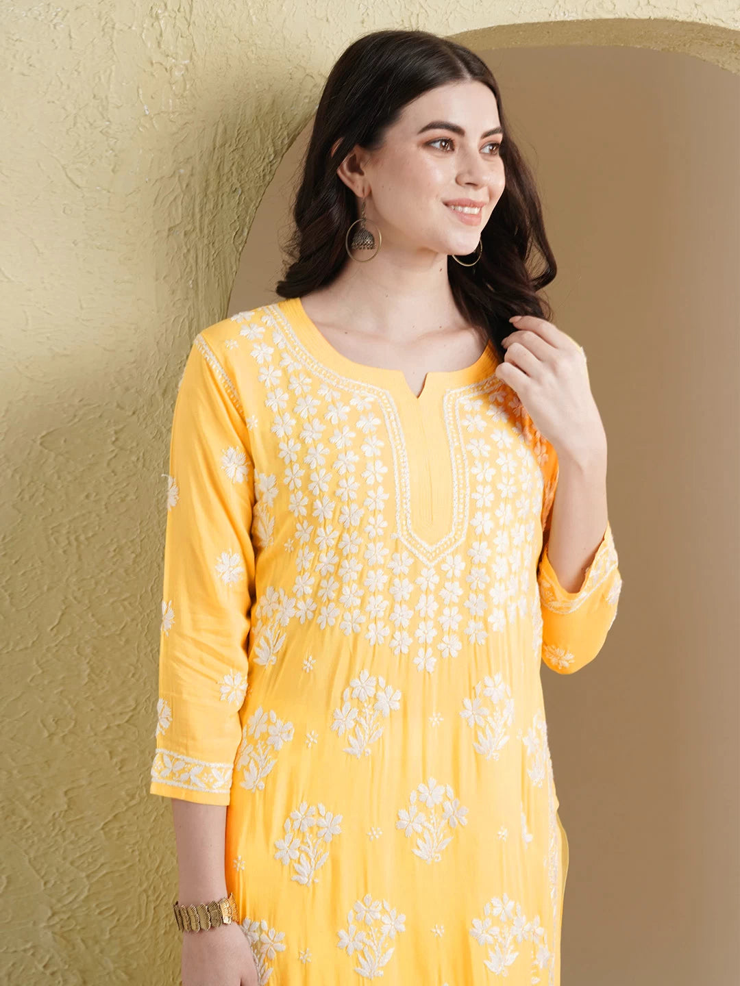 Ada Hand Embroidered Yellow Modal Lucknowi Chikankari Straight Kurta A411534
