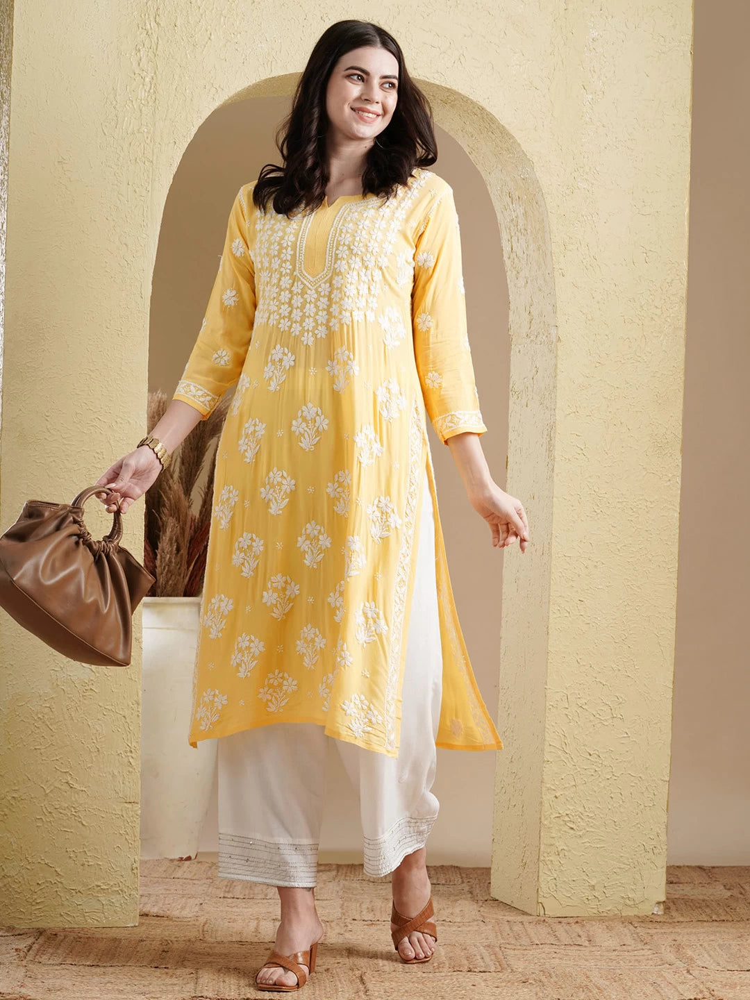 Ada Hand Embroidered Yellow Modal Lucknowi Chikankari Straight Kurta A411534