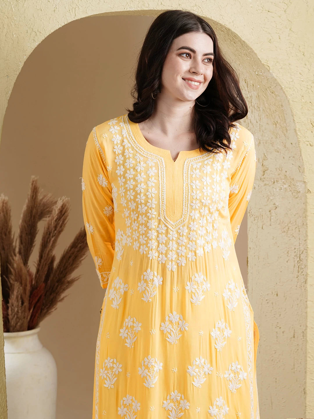 Ada Hand Embroidered Yellow Modal Lucknowi Chikankari Straight Kurta A411534