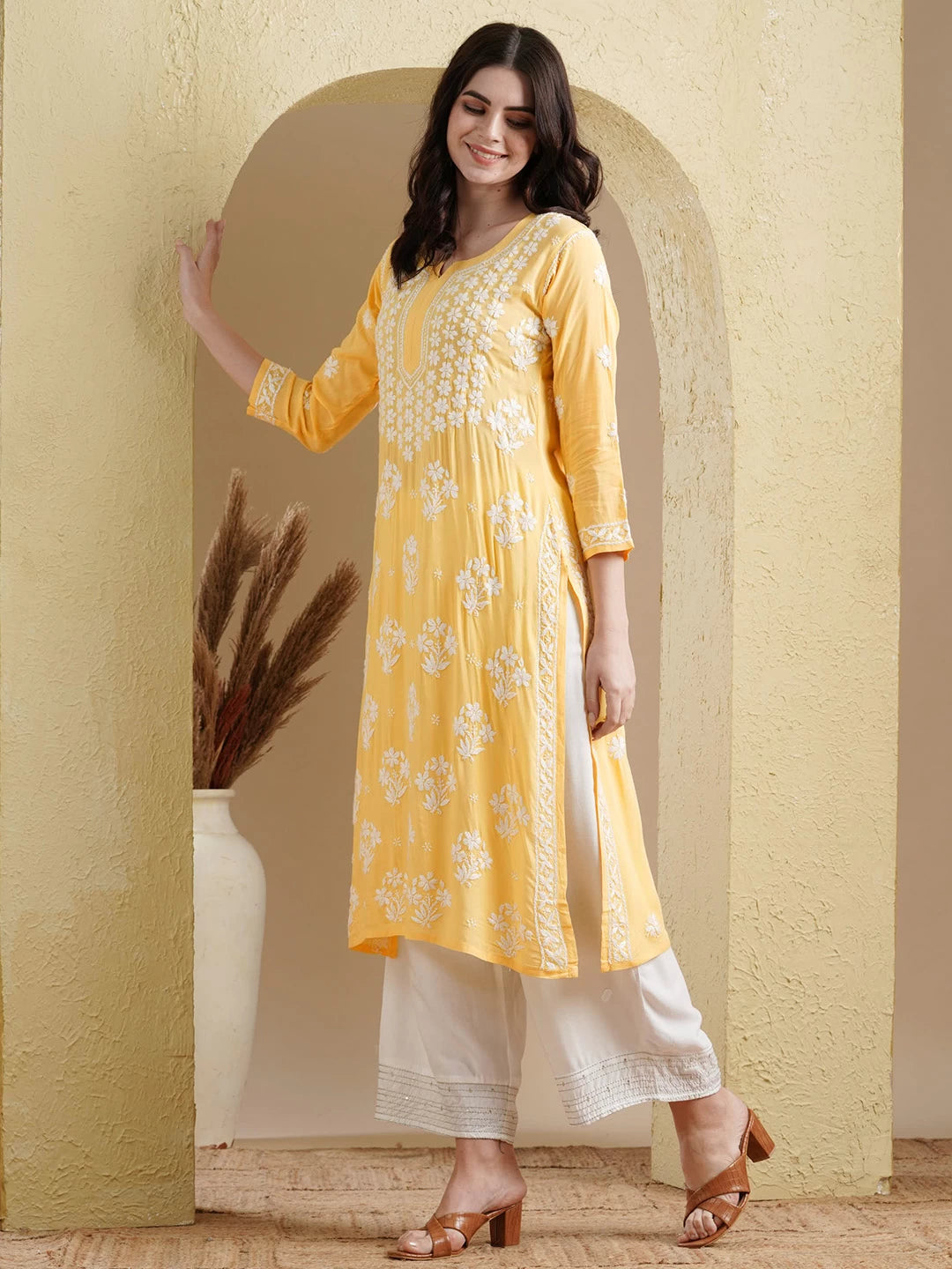 Ada Hand Embroidered Yellow Modal Lucknowi Chikankari Straight Kurta A411534