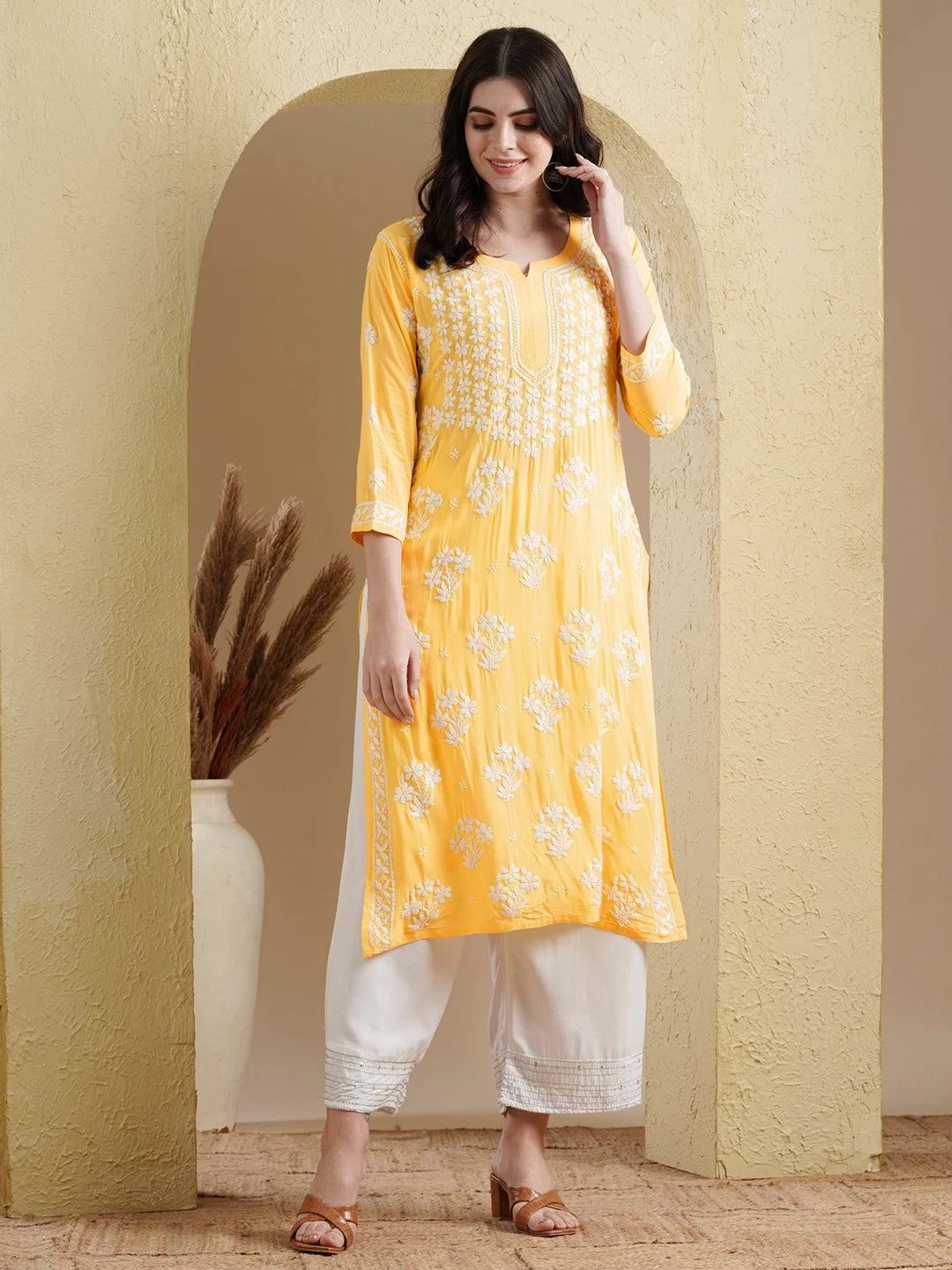 Ada Hand Embroidered Yellow Modal Lucknowi Chikankari Straight Kurta A411534