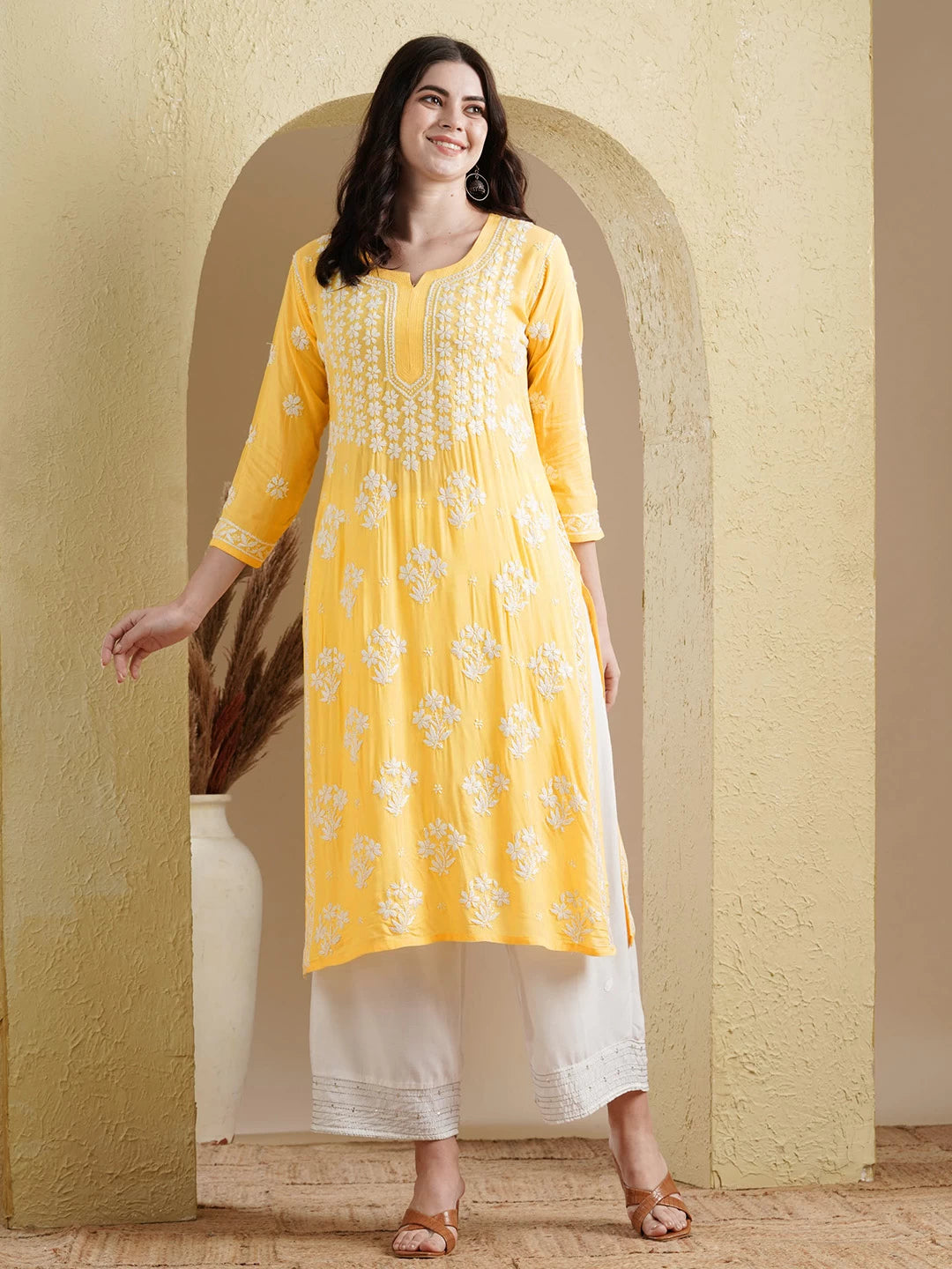 Ada Hand Embroidered Yellow Modal Lucknowi Chikankari Straight Kurta A411534