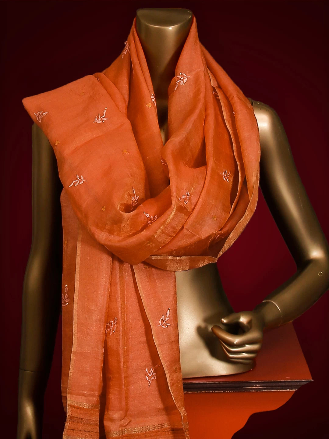 Ada Hand Embroidered Coral Peach Tussar Silk Lucknowi Chikankari Dupatta With Mukaish Work 01A264701