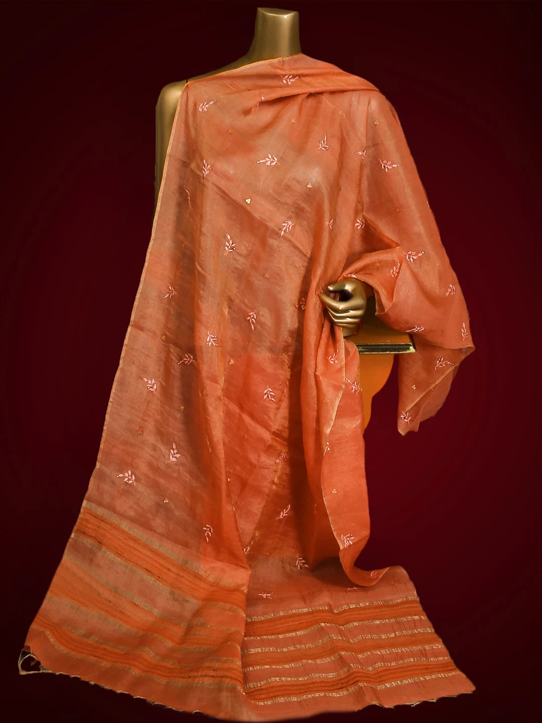 Ada Hand Embroidered Coral Peach Tussar Silk Lucknowi Chikankari Dupatta With Mukaish Work 01A264701