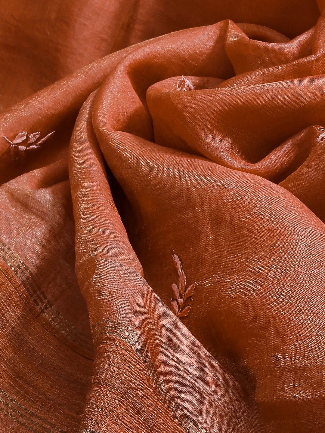 Ada Hand Embroidered Coral Peach Tussar Silk Lucknowi Chikankari Dupatta With Mukaish Work 01A264701