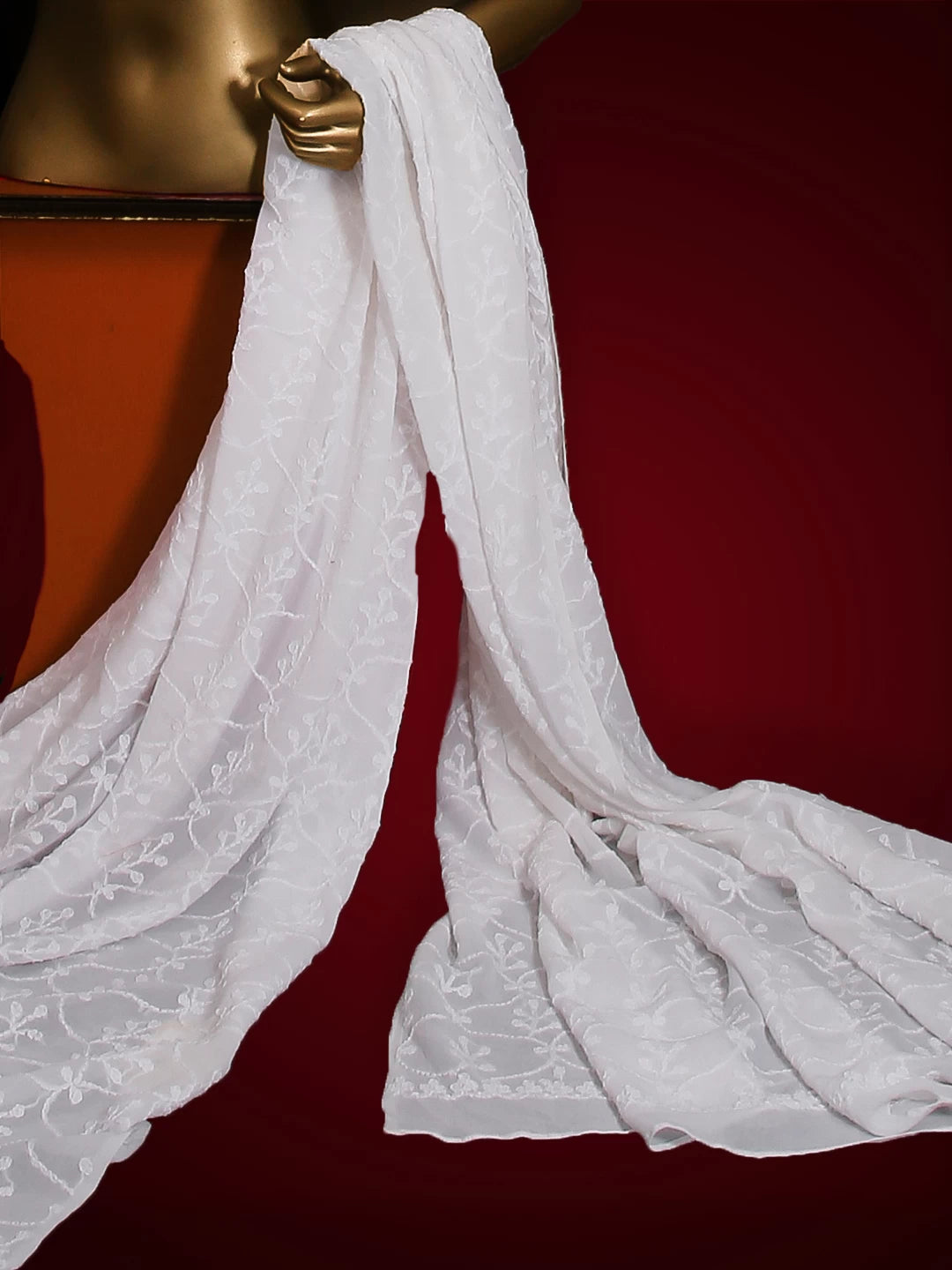 Ada Hand Embroidered White Viscose Georgette Lucknowi Chikankari Dupatta 01A394397