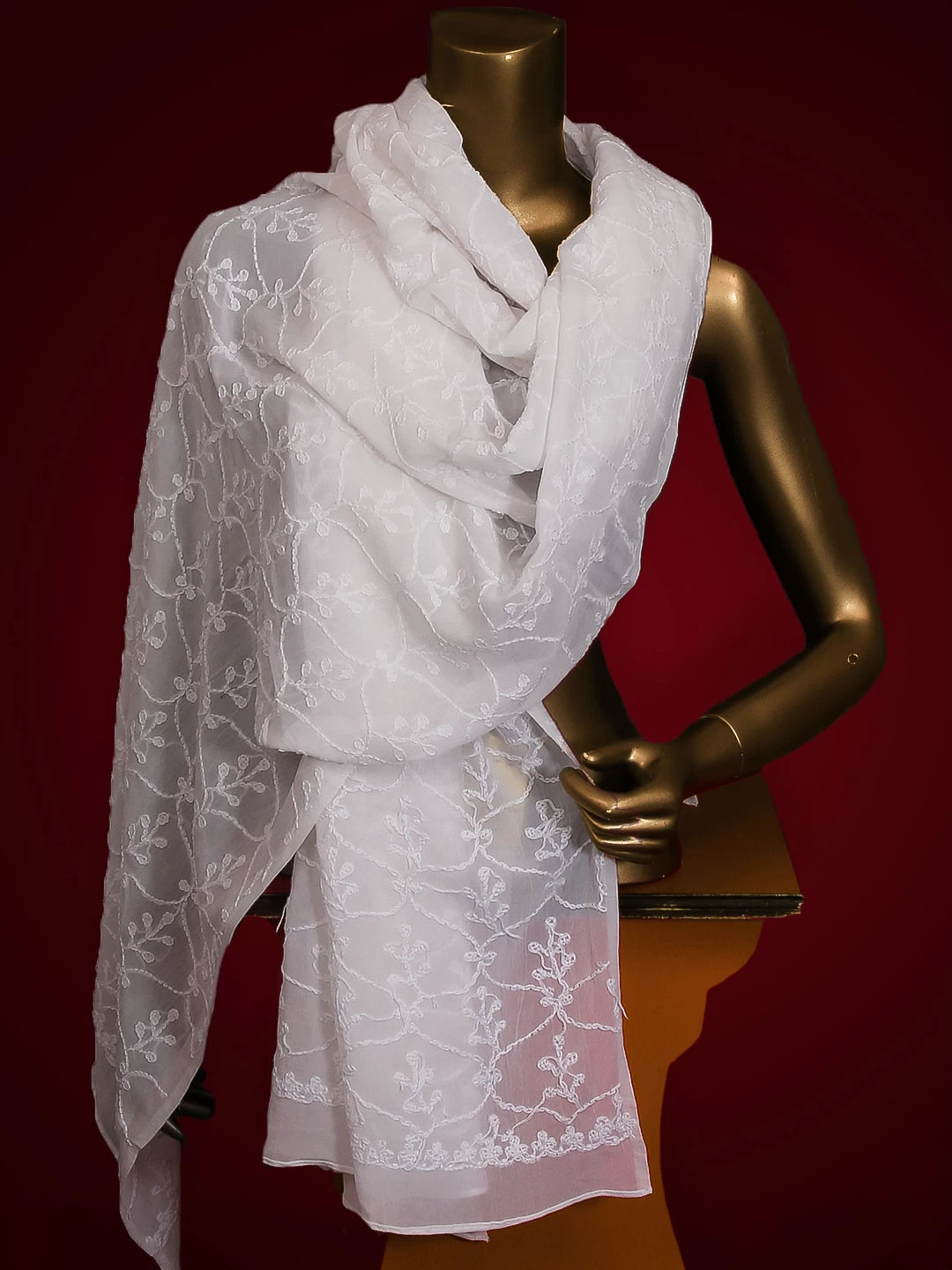 Ada Hand Embroidered White Viscose Georgette Lucknowi Chikankari Dupatta 01A394397