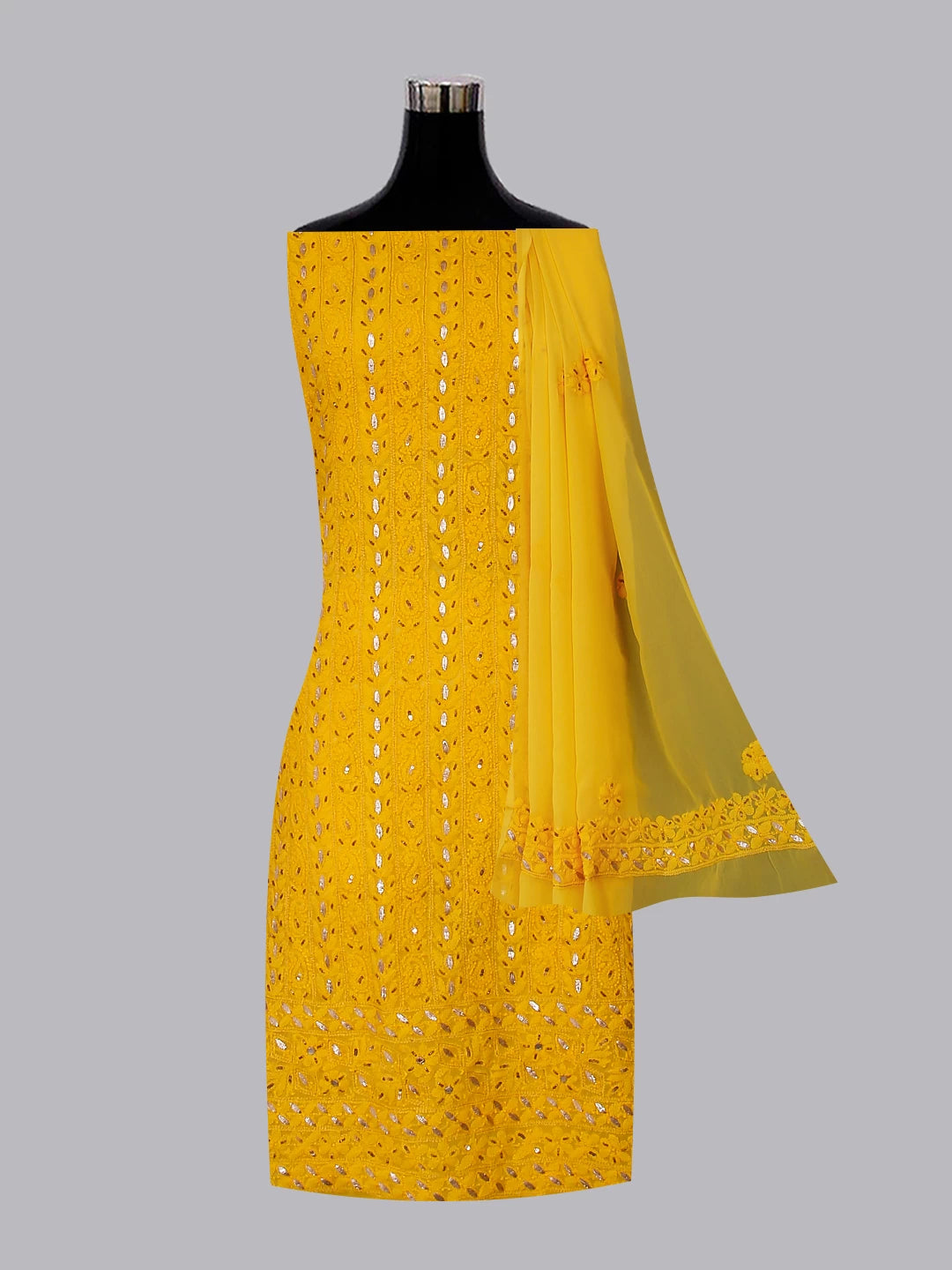 Ada Hand Embroidered Yellow Georgette Lucknowi Chikankari Unstitched Suit Piece With Gotapatti Work 01A391217