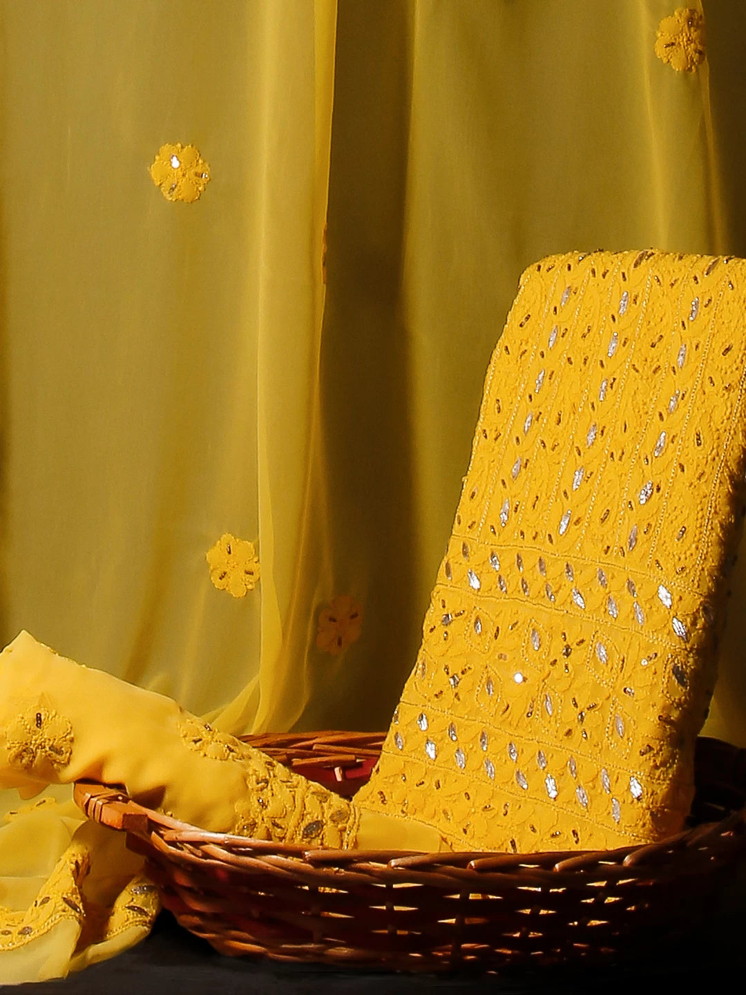 Ada Hand Embroidered Yellow Georgette Lucknowi Chikankari Unstitched Suit Piece With Gotapatti Work 01A391217