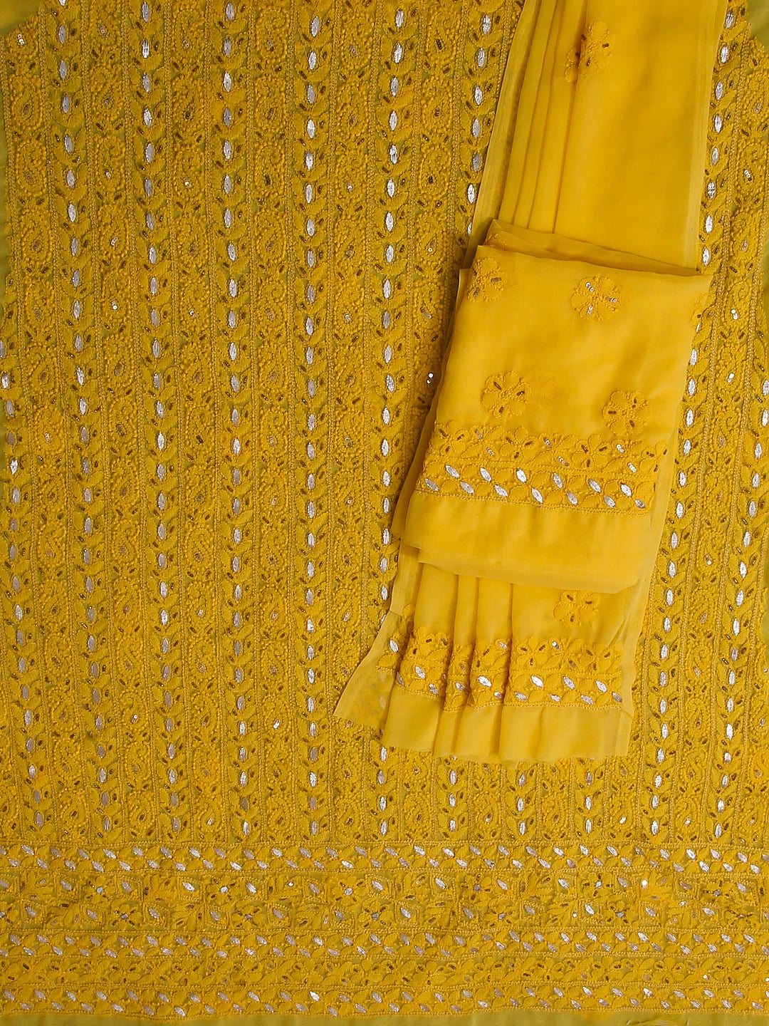 Ada Hand Embroidered Yellow Georgette Lucknowi Chikankari Unstitched Suit Piece With Gotapatti Work 01A391217