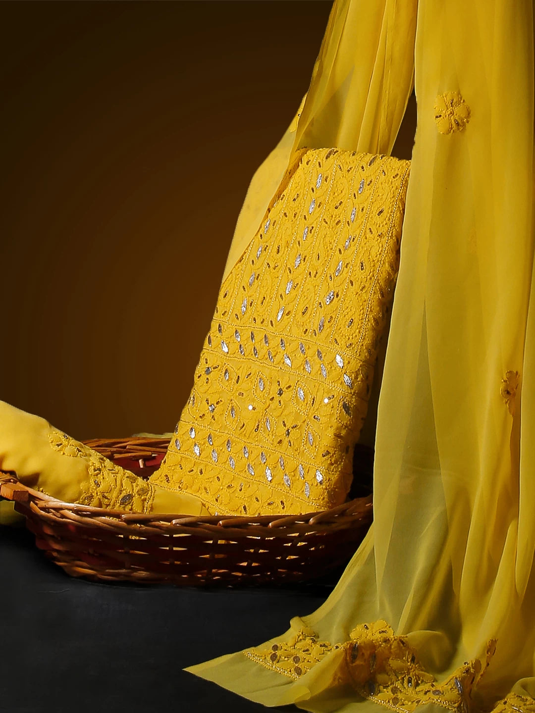 Ada Hand Embroidered Yellow Georgette Lucknowi Chikankari Unstitched Suit Piece With Gotapatti Work 01A391217