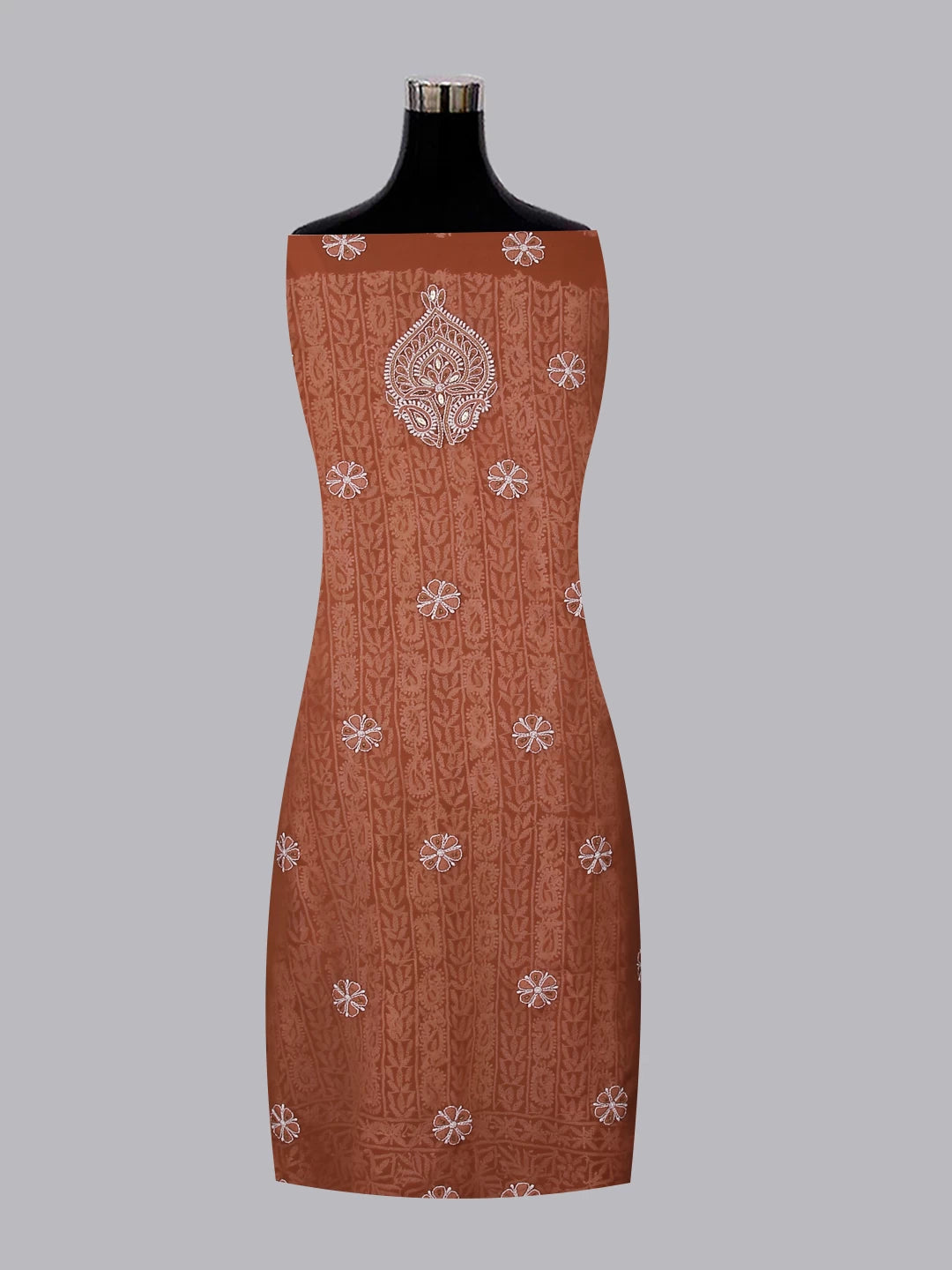 Ada Hand Embroidered Sienna Brown Georgette Lucknowi Chikankari Unstitched Suit Piece With Gotapatti Work 01A378429