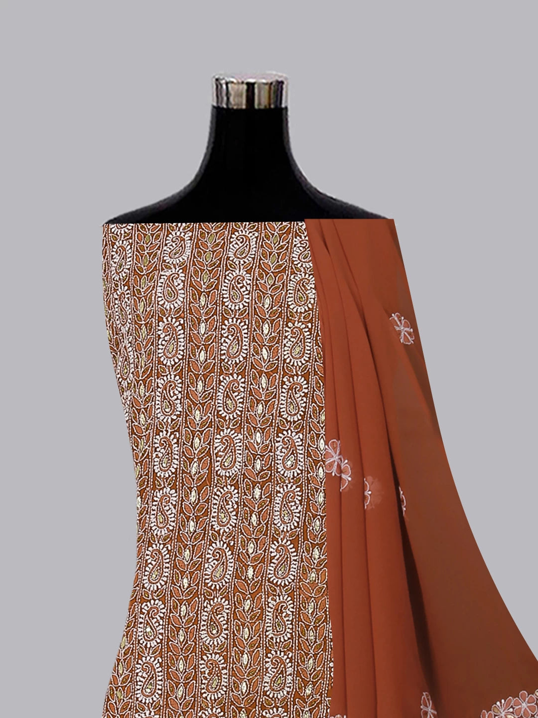 Ada Hand Embroidered Sienna Brown Georgette Lucknowi Chikankari Unstitched Suit Piece With Gotapatti Work 01A378429