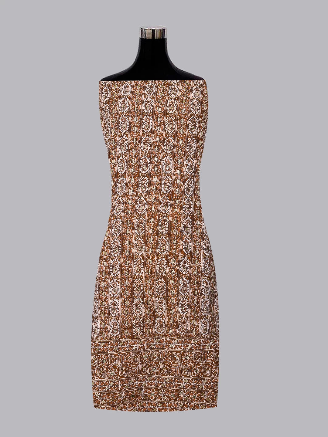 Ada Hand Embroidered Sienna Brown Georgette Lucknowi Chikankari Unstitched Suit Piece With Gotapatti Work 01A378429