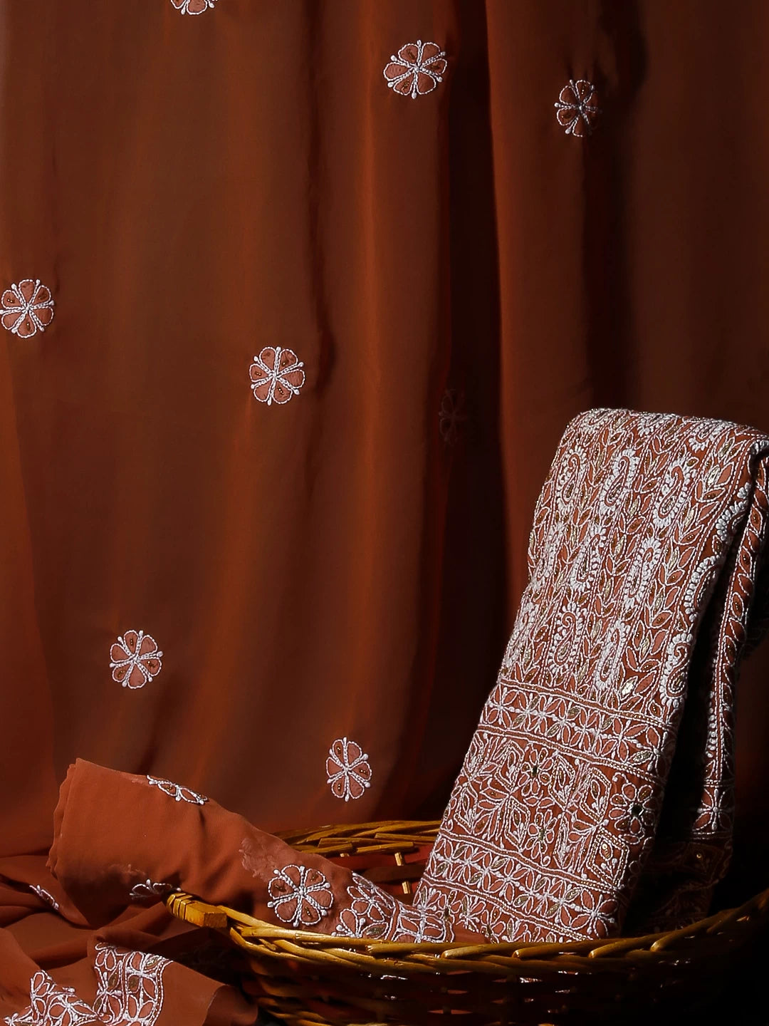 Ada Hand Embroidered Sienna Brown Georgette Lucknowi Chikankari Unstitched Suit Piece With Gotapatti Work 01A378429