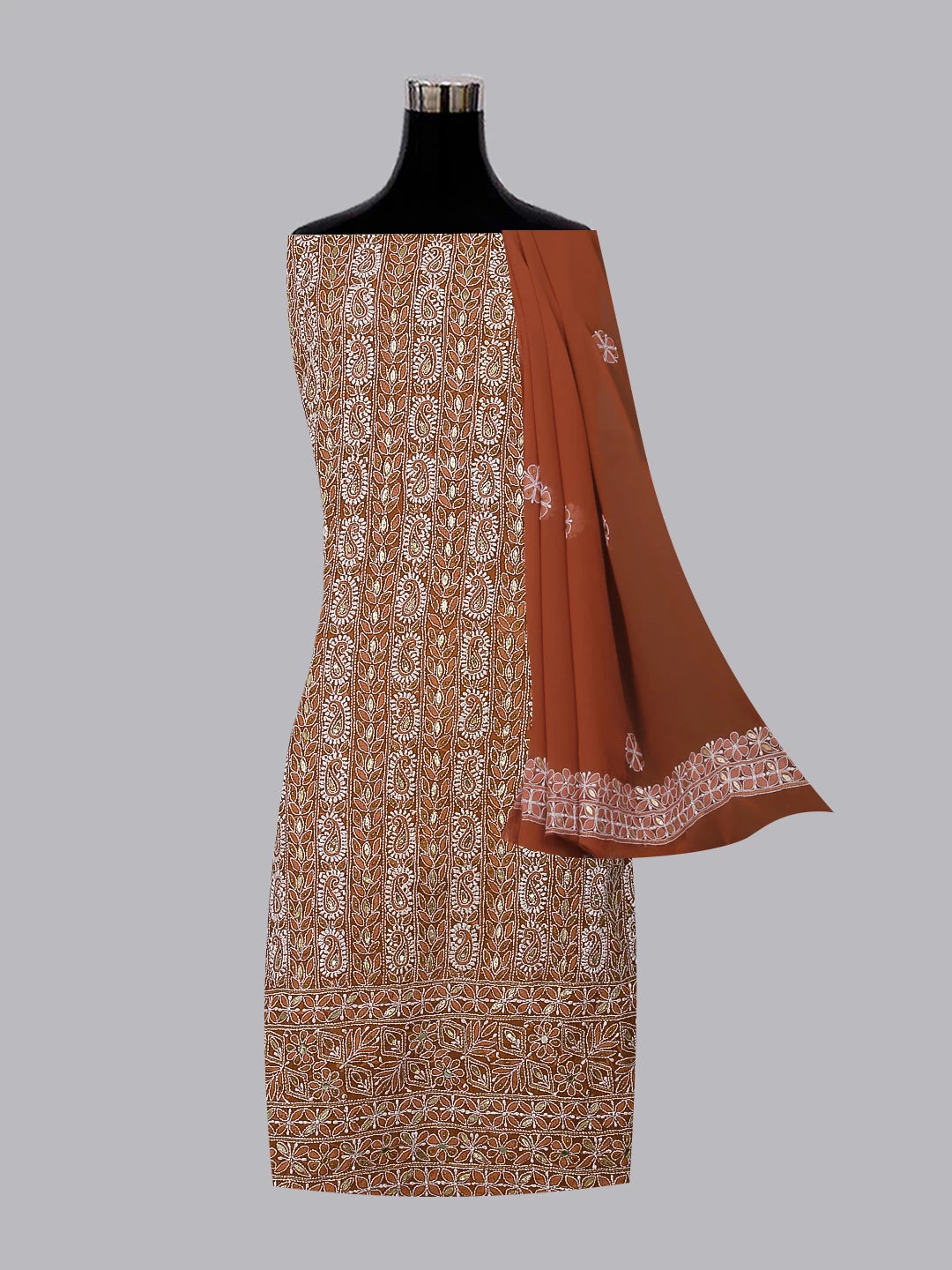 Ada Hand Embroidered Sienna Brown Georgette Lucknowi Chikankari Unstitched Suit Piece With Gotapatti Work 01A378429