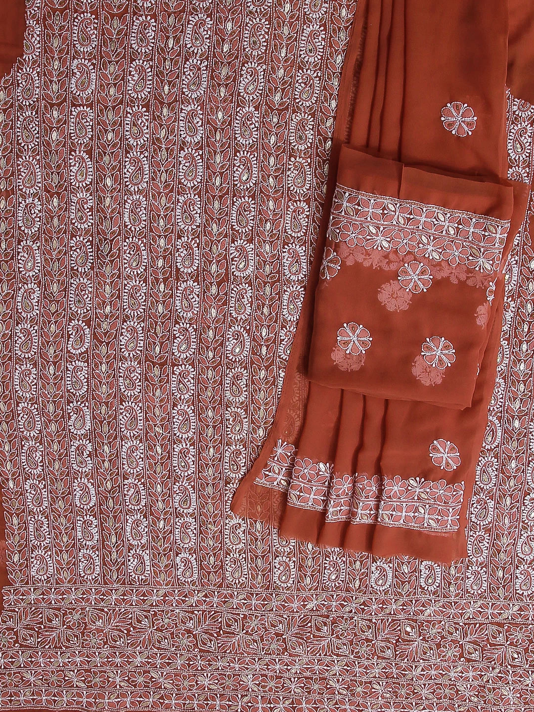 Ada Hand Embroidered Sienna Brown Georgette Lucknowi Chikankari Unstitched Suit Piece With Gotapatti Work 01A378429