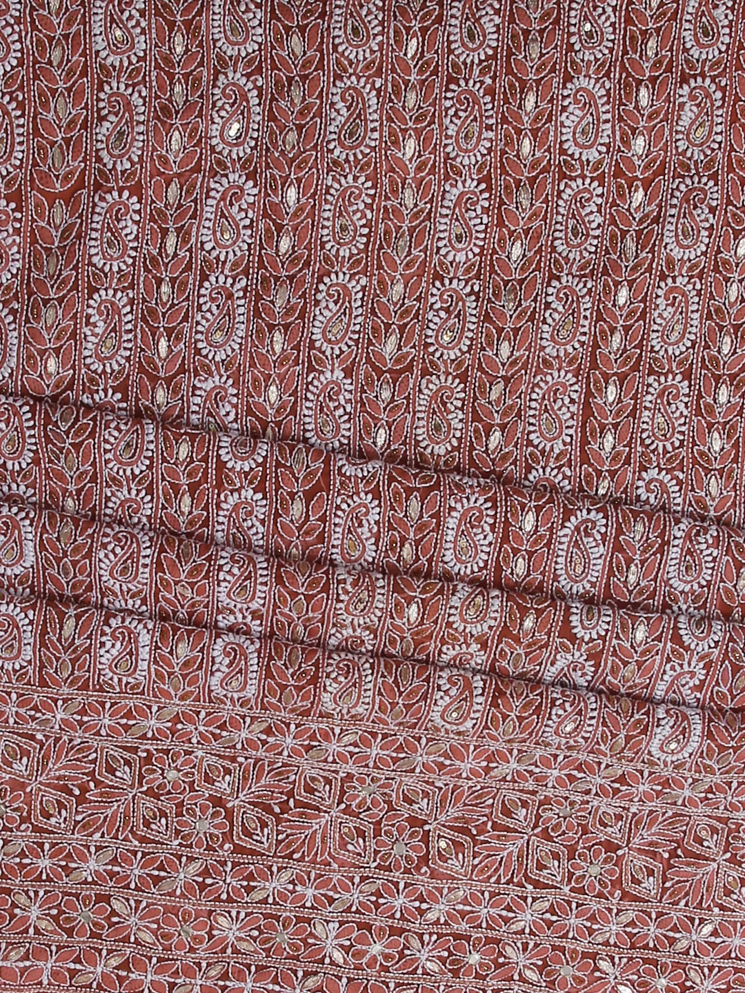 Ada Hand Embroidered Sienna Brown Georgette Lucknowi Chikankari Unstitched Suit Piece With Gotapatti Work 01A378429