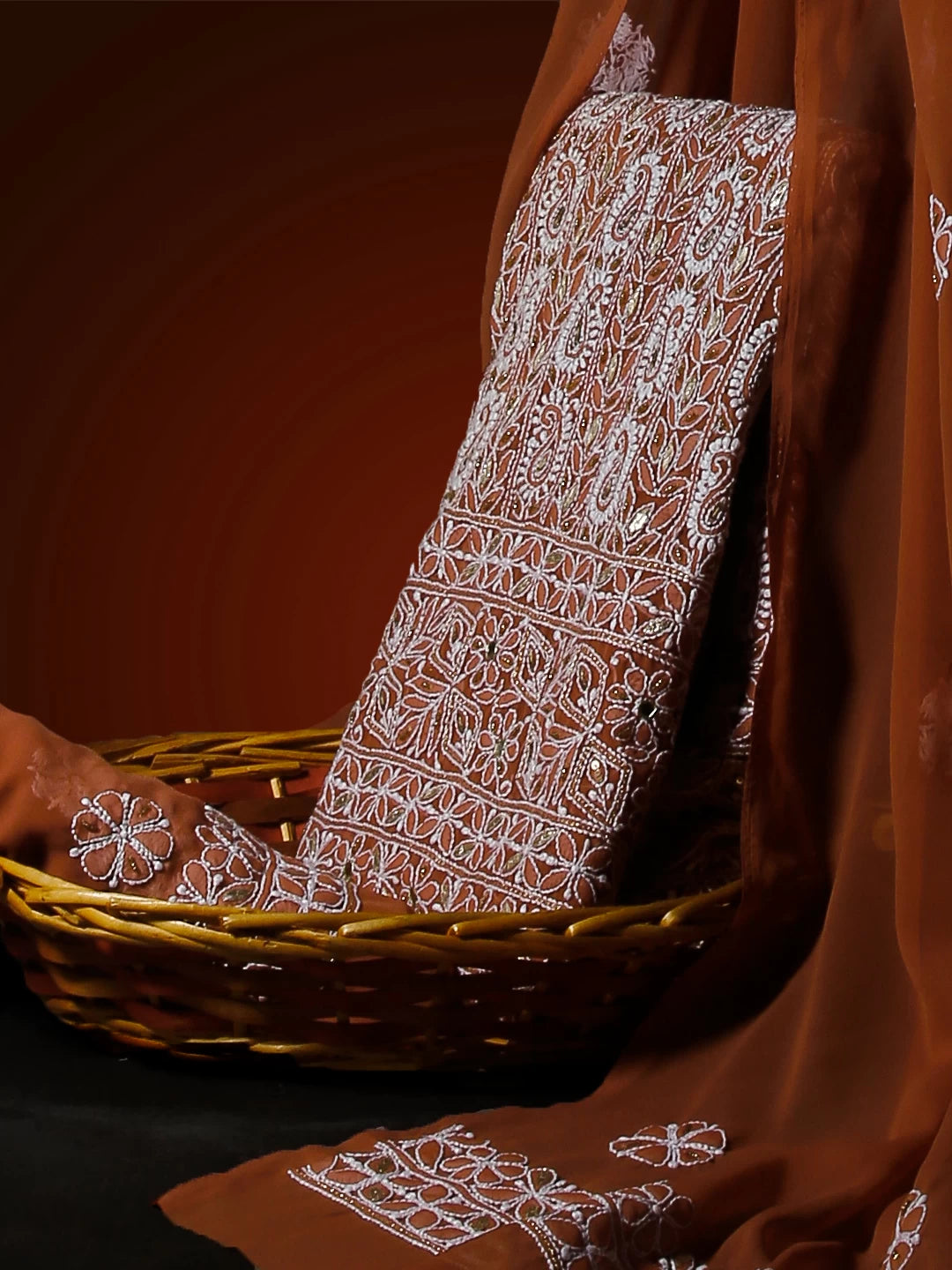 Ada Hand Embroidered Sienna Brown Georgette Lucknowi Chikankari Unstitched Suit Piece With Gotapatti Work 01A378429
