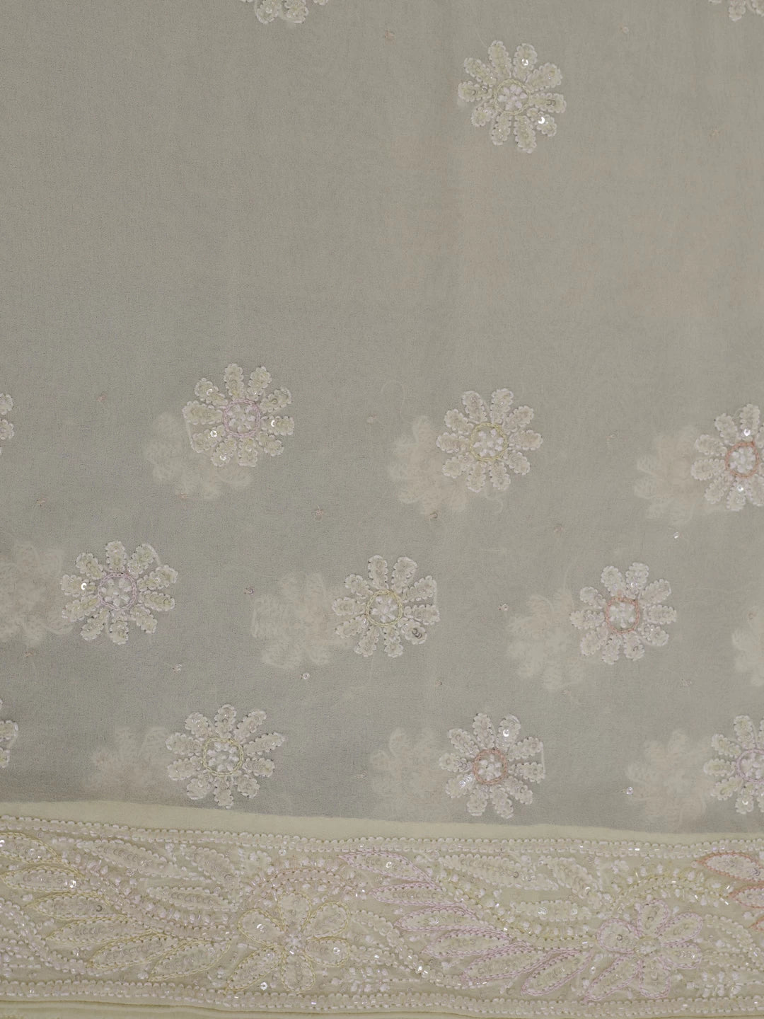 Ada Hand Embroidered Cream Pure Georgette Lucknow Chikankari Saree With Blouse And Sequinned Work 01A436417