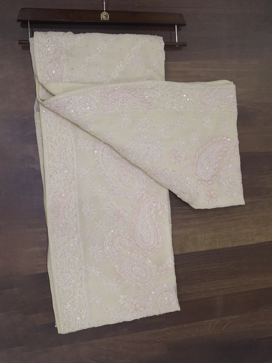 Ada Hand Embroidered Cream Pure Georgette Lucknow Chikankari Saree With Blouse And Sequinned Work 01A436417