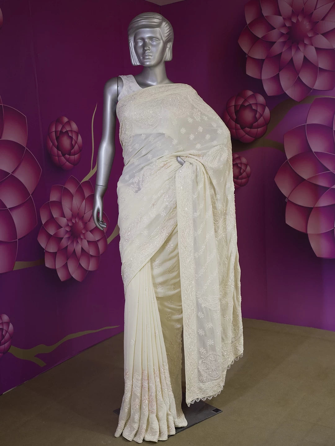 Ada Hand Embroidered Cream Pure Georgette Lucknow Chikankari Saree With Blouse And Sequinned Work 01A436417