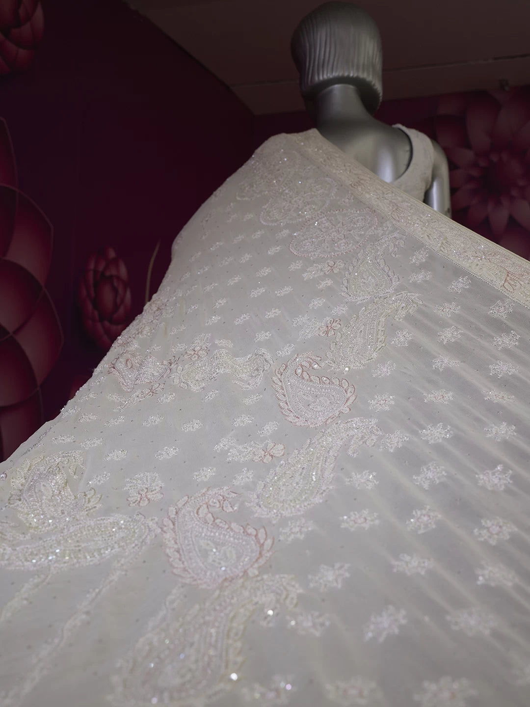Ada Hand Embroidered Cream Pure Georgette Lucknow Chikankari Saree With Blouse And Sequinned Work 01A436417